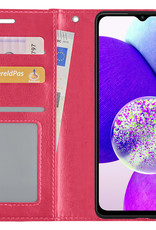 Nomfy Hoesje Geschikt voor Samsung A14 Hoes Bookcase Flipcase Book Cover Met 2x Screenprotector - Hoes Geschikt voor Samsung Galaxy A14 Hoesje Book Case - Donkerroze