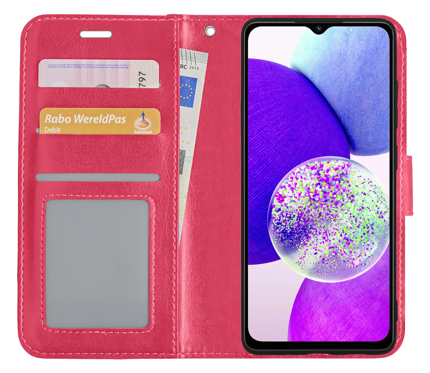 Nomfy Hoesje Geschikt voor Samsung A14 Hoes Bookcase Flipcase Book Cover Met 2x Screenprotector - Hoes Geschikt voor Samsung Galaxy A14 Hoesje Book Case - Donkerroze