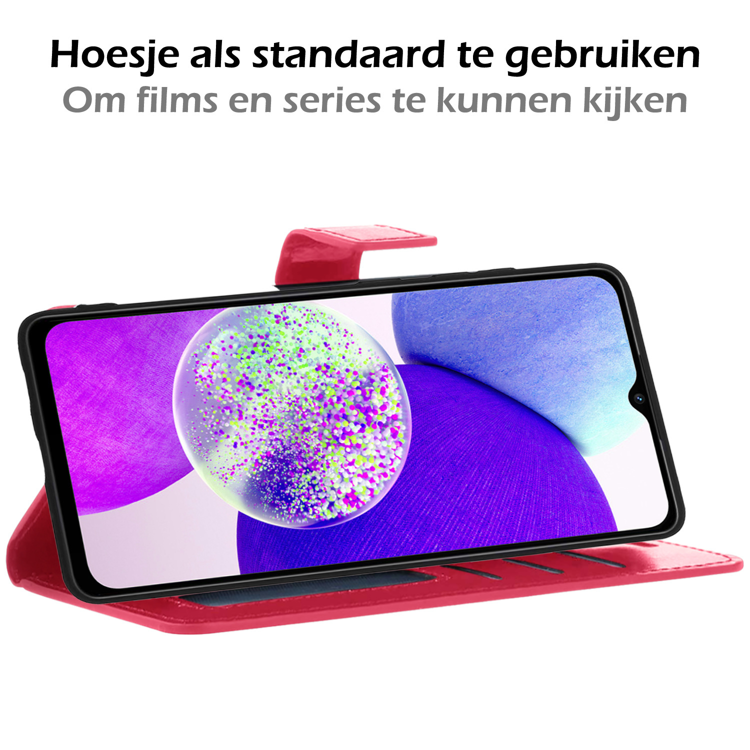 Nomfy Hoesje Geschikt voor Samsung A14 Hoes Bookcase Flipcase Book Cover Met 2x Screenprotector - Hoes Geschikt voor Samsung Galaxy A14 Hoesje Book Case - Donkerroze