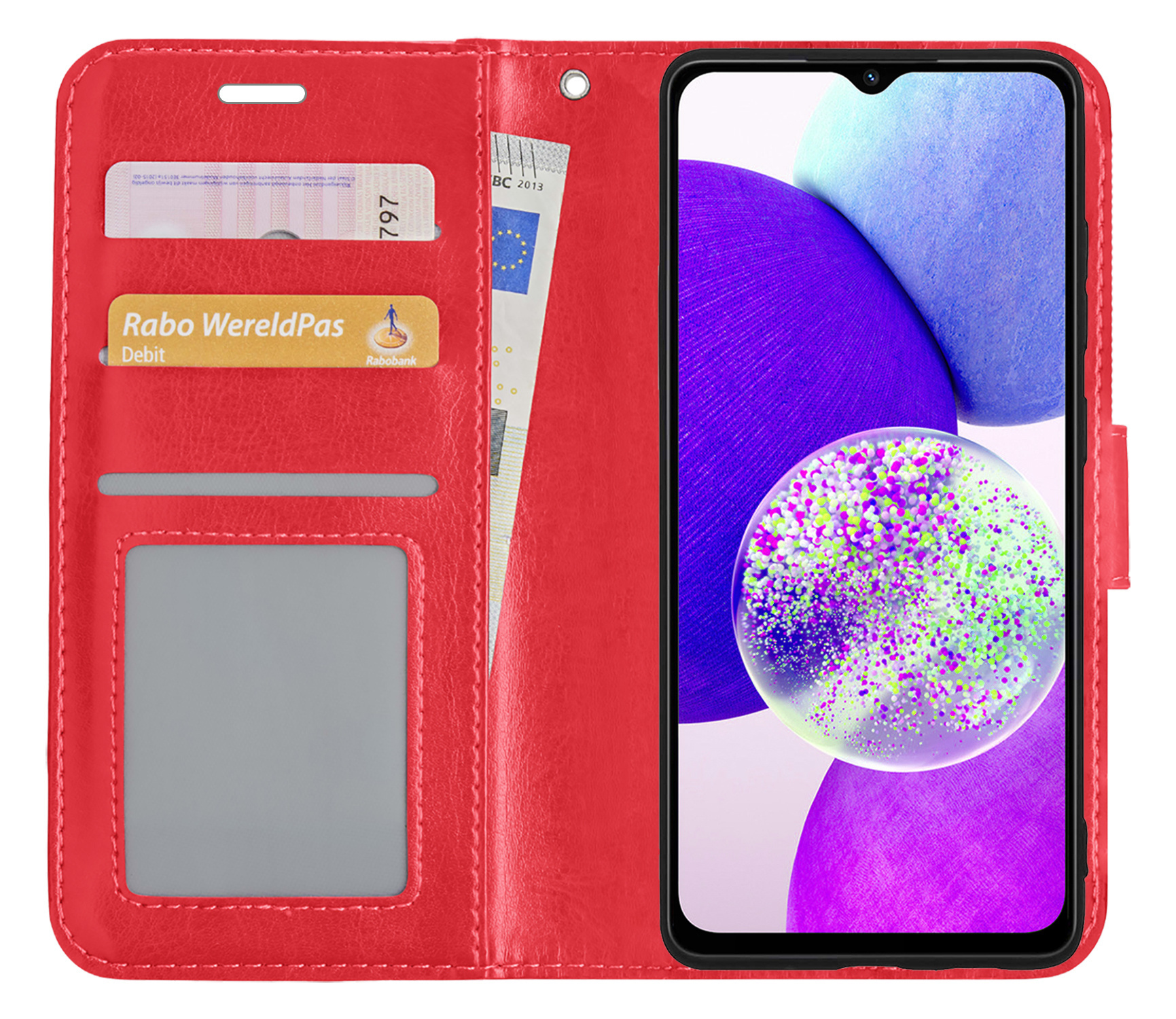 Nomfy Hoesje Geschikt voor Samsung A14 Hoes Bookcase Flipcase Book Cover Met 2x Screenprotector - Hoes Geschikt voor Samsung Galaxy A14 Hoesje Book Case - Rood