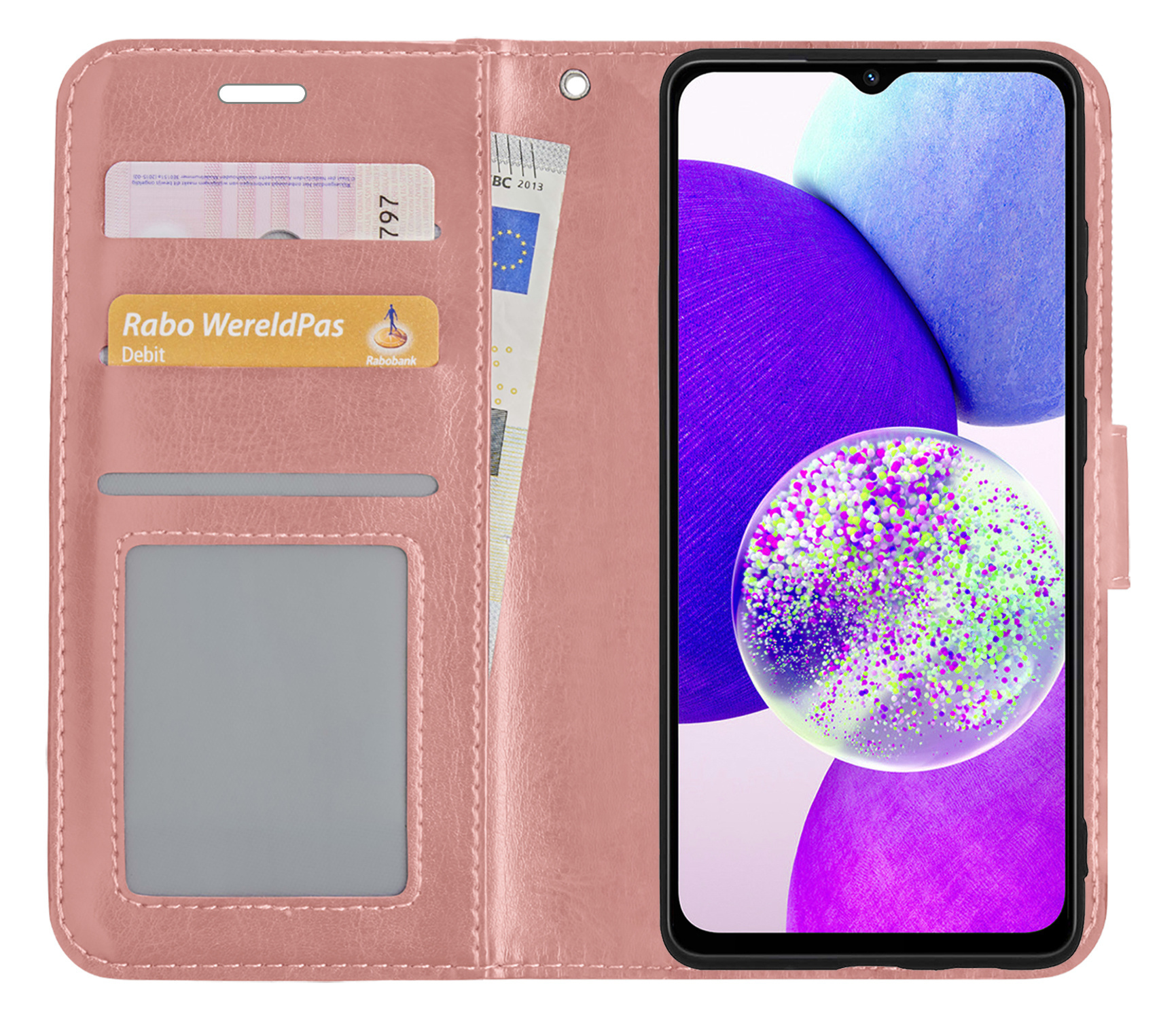 Nomfy Hoesje Geschikt voor Samsung A14 Hoes Bookcase Flipcase Book Cover Met 2x Screenprotector - Hoes Geschikt voor Samsung Galaxy A14 Hoesje Book Case - Rosé goud