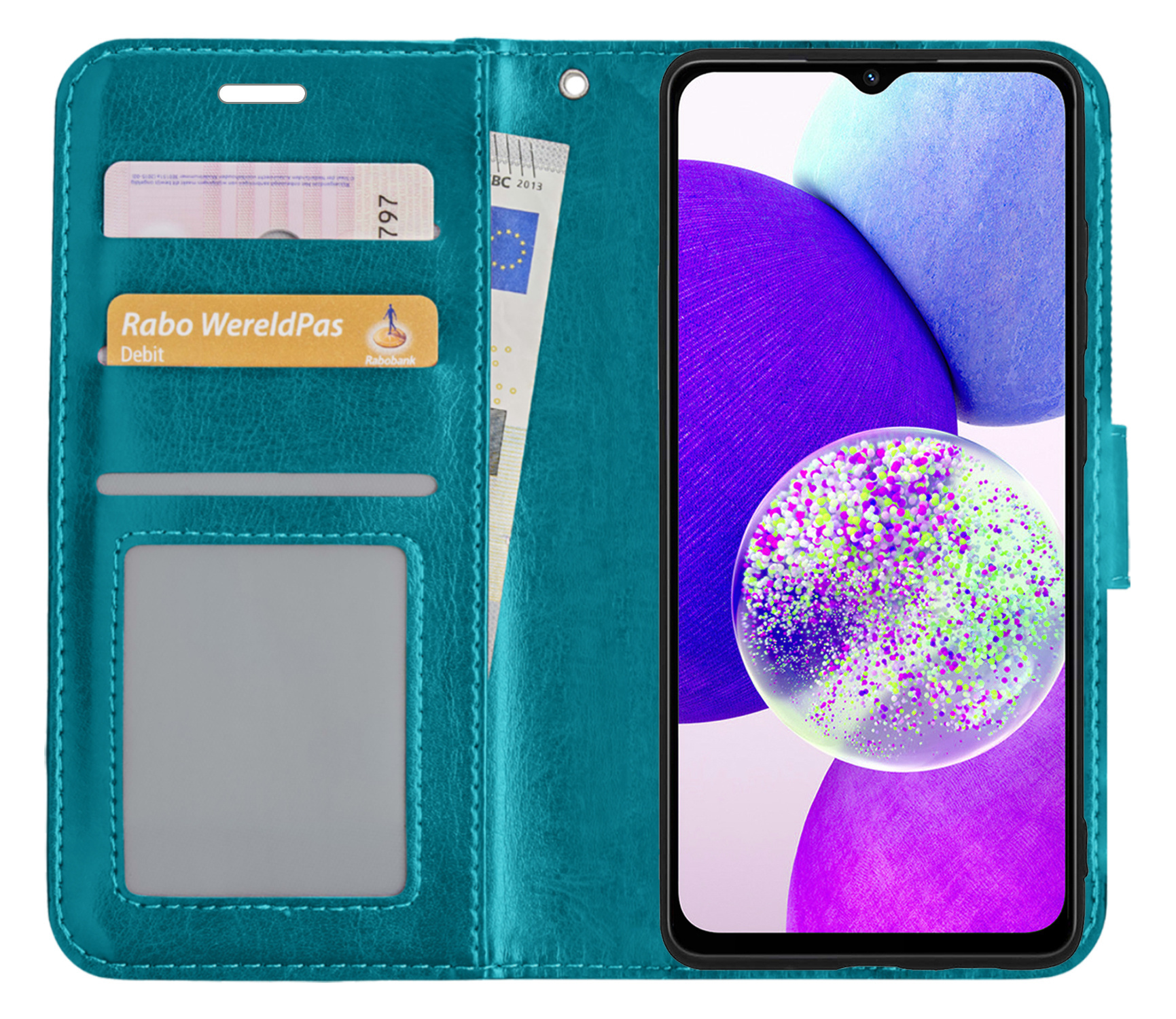 Samsung A14 Hoes Bookcase Flipcase Book Cover Met 2x Screenprotector - Samsung Galaxy A14 Hoesje Book Case - Turquoise