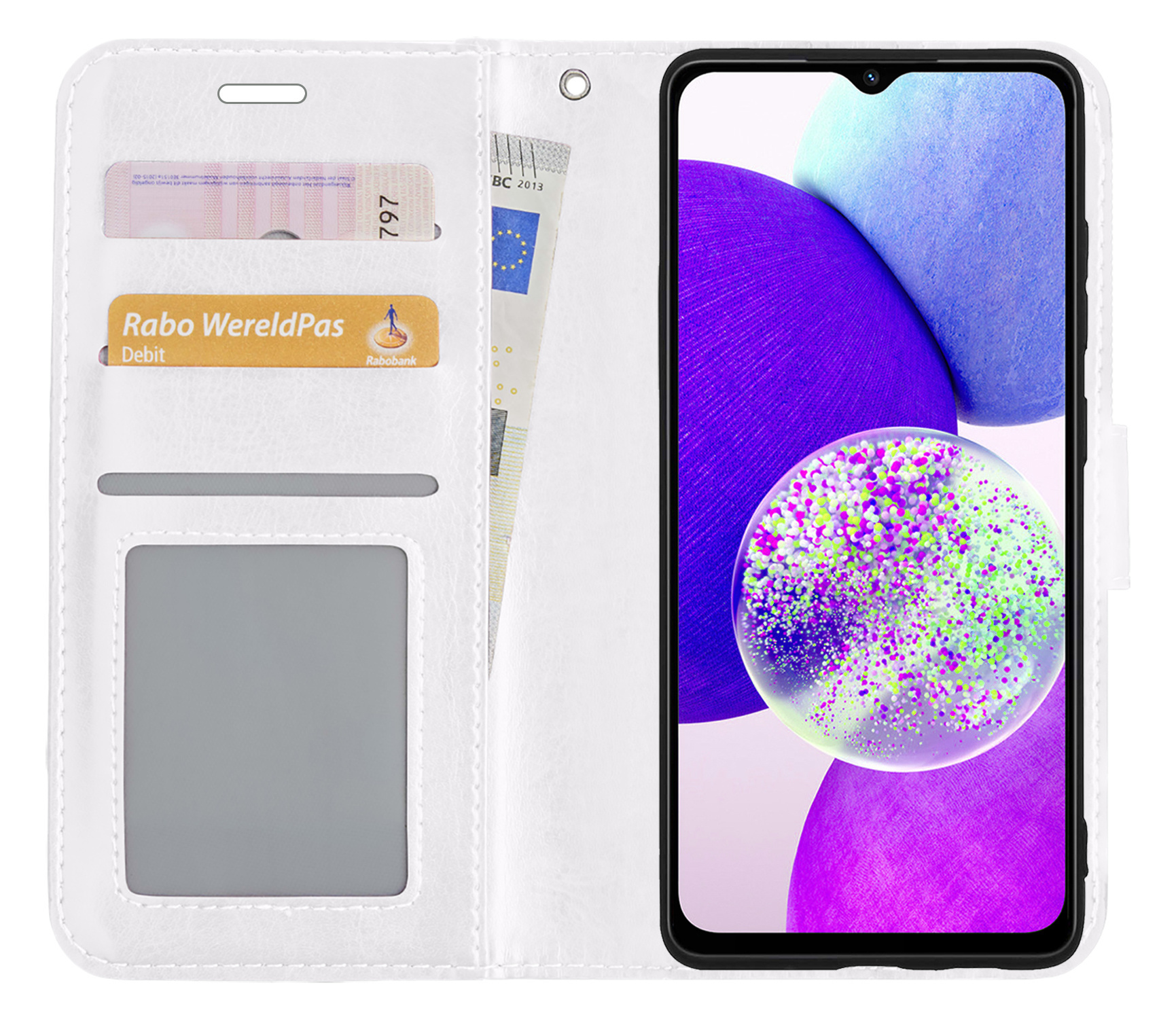 Nomfy Hoesje Geschikt voor Samsung A14 Hoes Bookcase Flipcase Book Cover Met 2x Screenprotector - Hoes Geschikt voor Samsung Galaxy A14 Hoesje Book Case - Wit