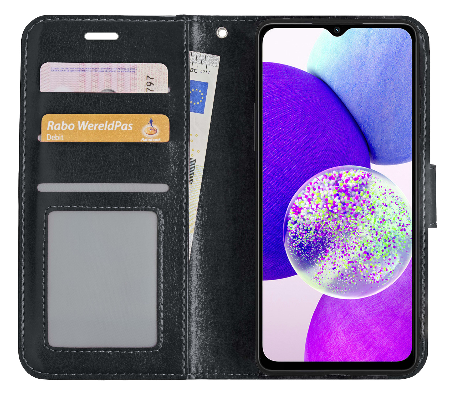 Nomfy Hoesje Geschikt voor Samsung A14 Hoes Bookcase Flipcase Book Cover Met 2x Screenprotector - Hoes Geschikt voor Samsung Galaxy A14 Hoesje Book Case - Zwart