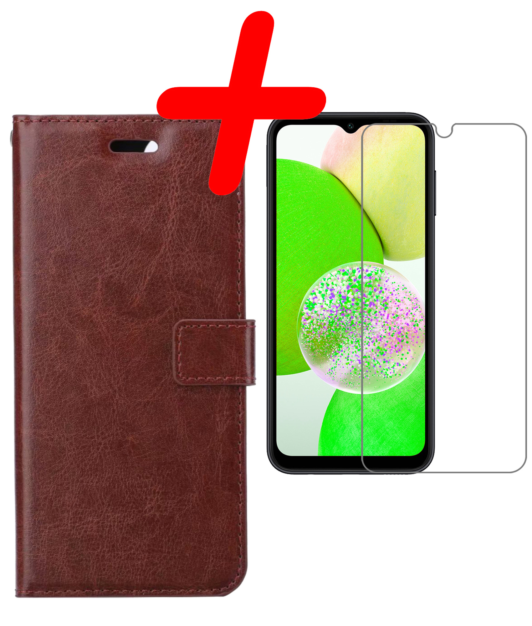BASEY. Hoes Geschikt voor Samsung A14 Hoesje Bookcase Hoes Flip Case Book Cover Met Screenprotector - Hoesje Geschikt voor Samsung Galaxy A14 Hoes Book Case Hoesje - Bruin