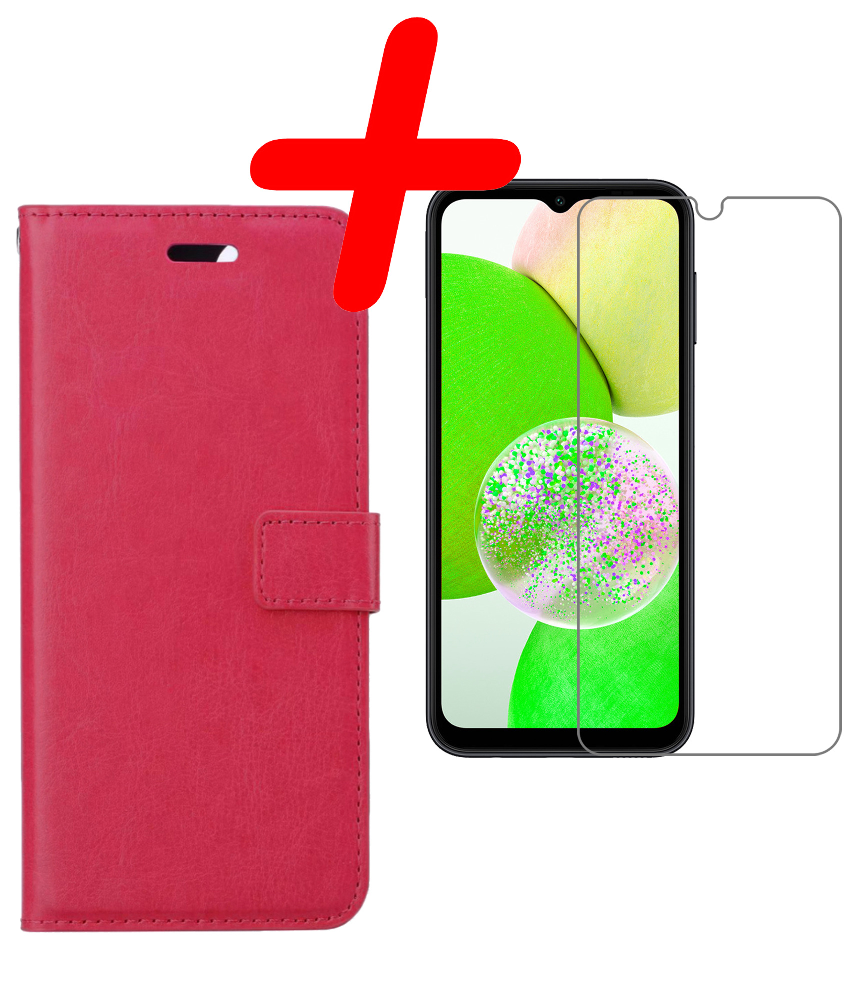 BASEY. Hoes Geschikt voor Samsung A14 Hoesje Bookcase Hoes Flip Case Book Cover Met Screenprotector - Hoesje Geschikt voor Samsung Galaxy A14 Hoes Book Case Hoesje - Donkerroze