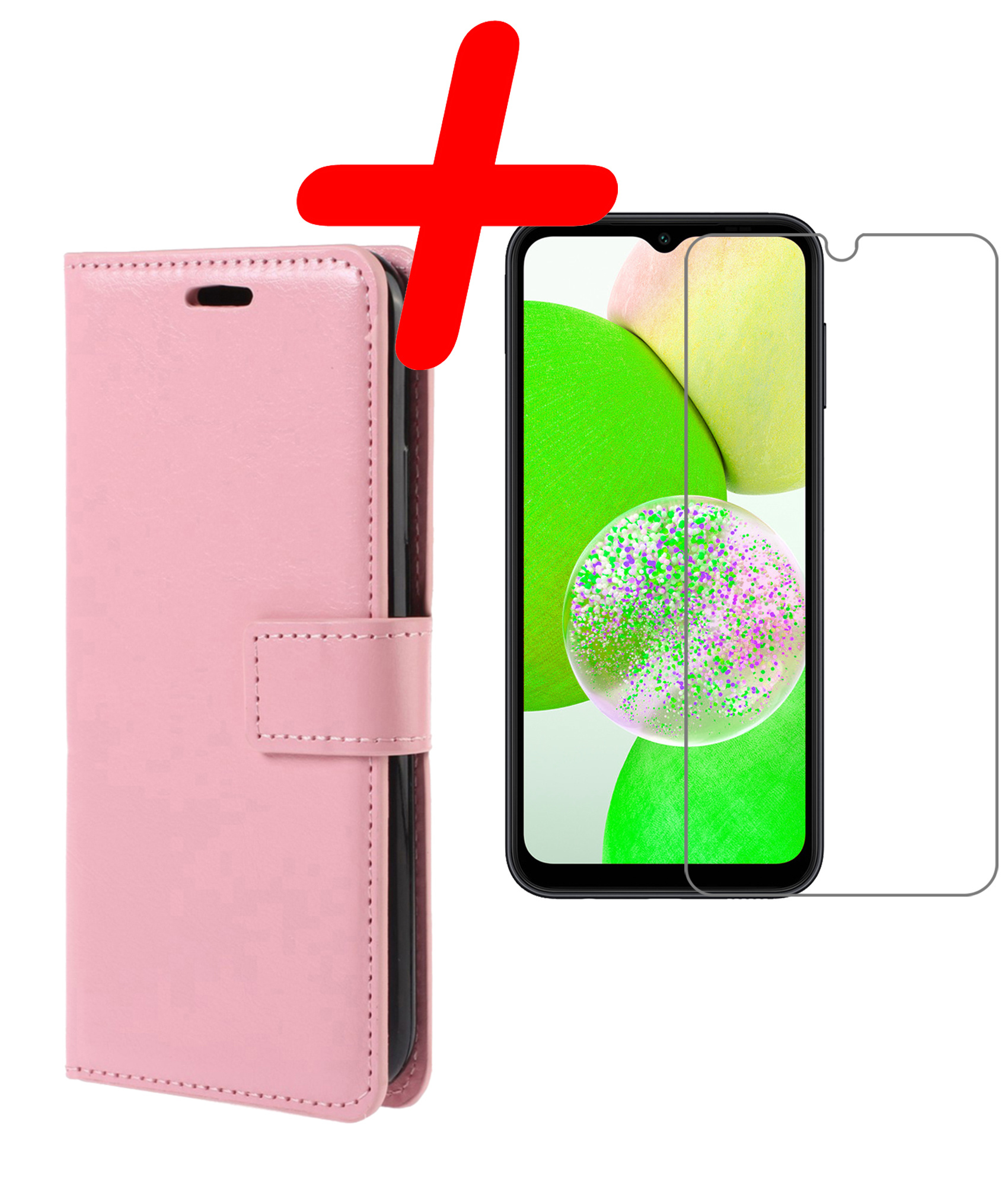 BASEY. Hoes Geschikt voor Samsung A14 Hoesje Bookcase Hoes Flip Case Book Cover Met Screenprotector - Hoesje Geschikt voor Samsung Galaxy A14 Hoes Book Case Hoesje - Lichtroze