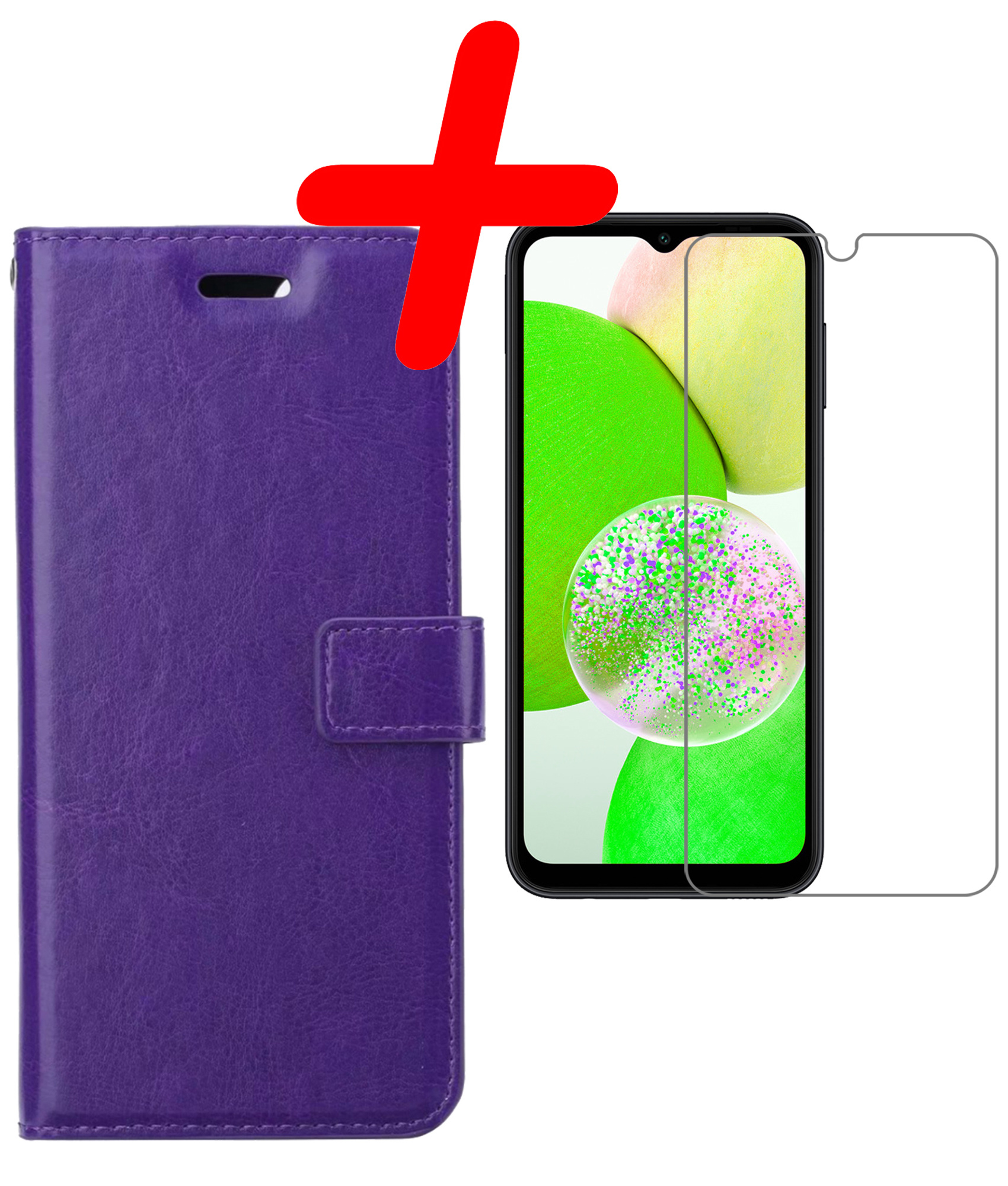 Hoes Geschikt voor Samsung A14 Hoesje Bookcase Hoes Flip Case Book Cover Met Screenprotector - Hoesje Geschikt voor Samsung Galaxy A14 Hoes Book Case Hoesje - Paars