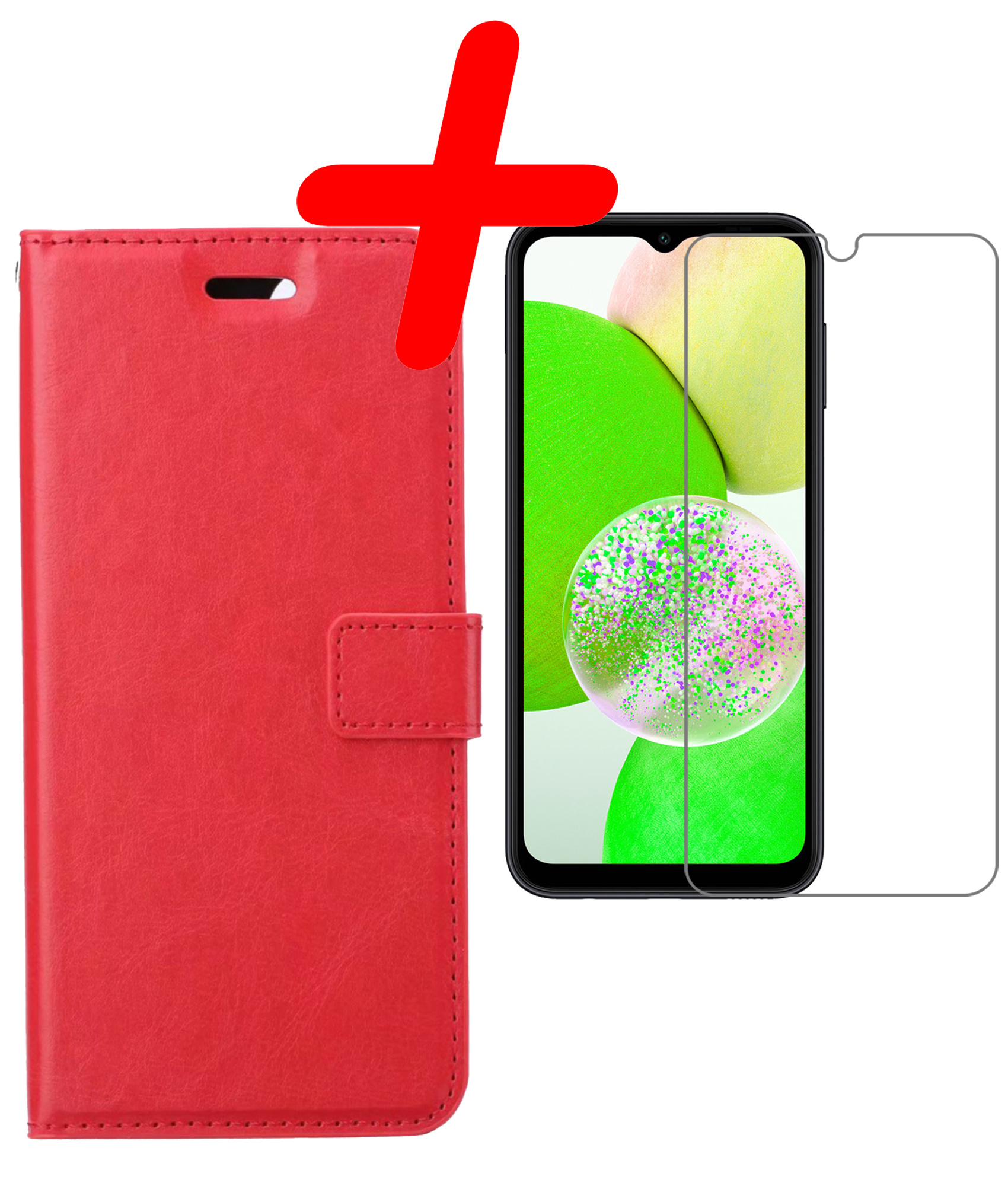 BASEY. Hoes Geschikt voor Samsung A14 Hoesje Bookcase Hoes Flip Case Book Cover Met Screenprotector - Hoesje Geschikt voor Samsung Galaxy A14 Hoes Book Case Hoesje - Rood