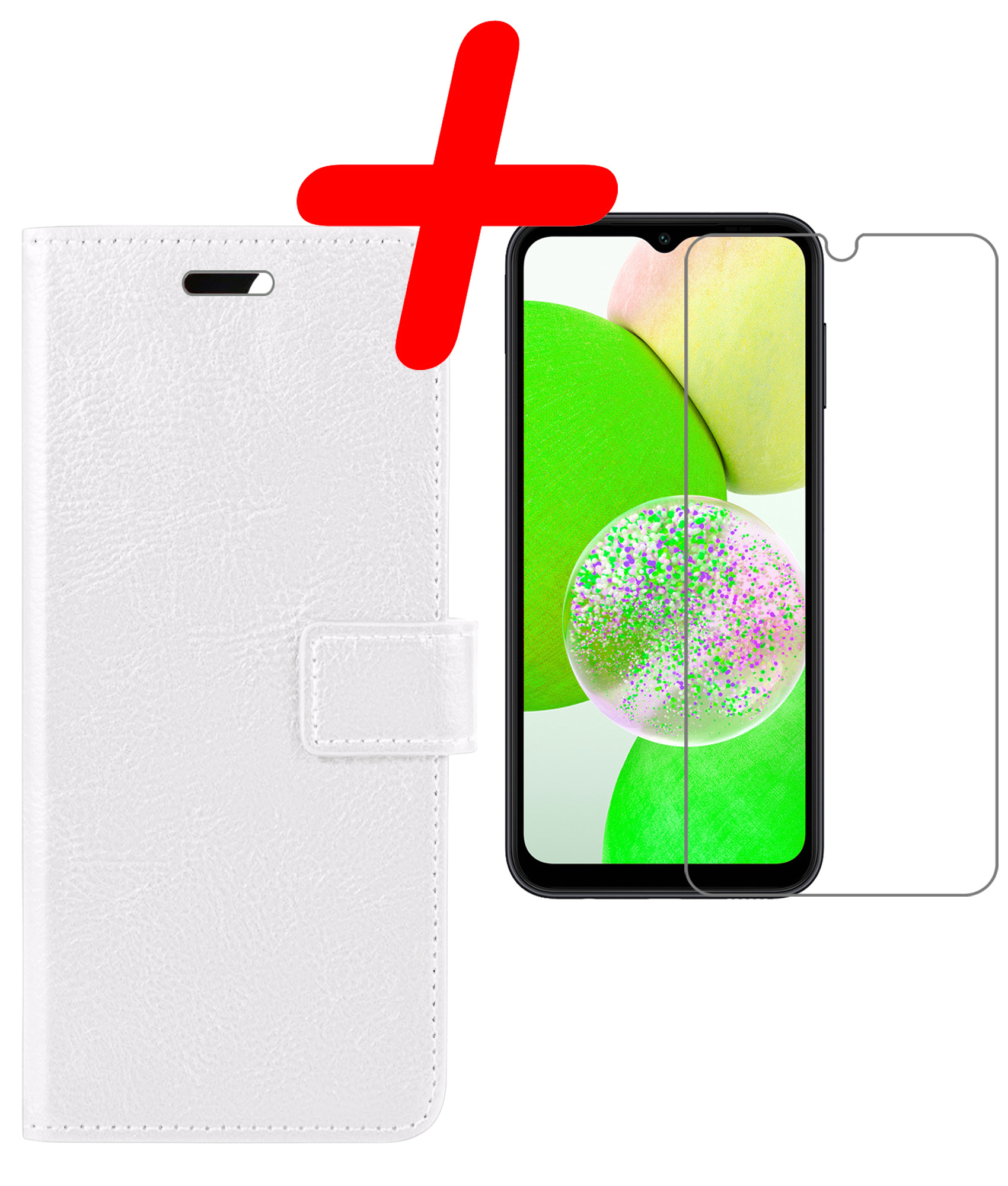 BASEY. Hoes Geschikt voor Samsung A14 Hoesje Bookcase Hoes Flip Case Book Cover Met Screenprotector - Hoesje Geschikt voor Samsung Galaxy A14 Hoes Book Case Hoesje - Wit