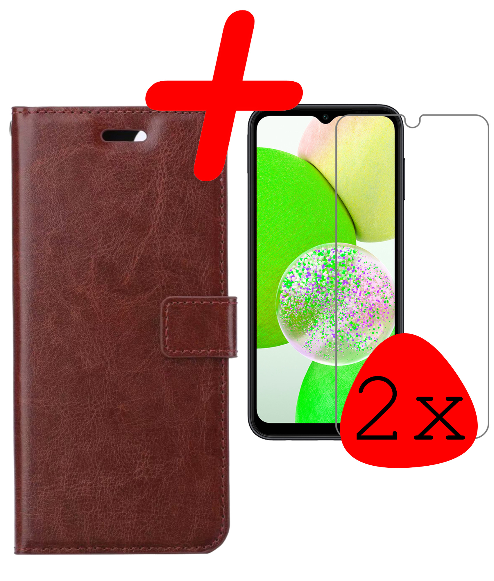 BASEY. Hoes Geschikt voor Samsung A14 Hoesje Bookcase Hoes Flip Case Book Cover Met 2x Screenprotector - Hoesje Geschikt voor Samsung Galaxy A14 Hoes Book Case Hoesje - Bruin