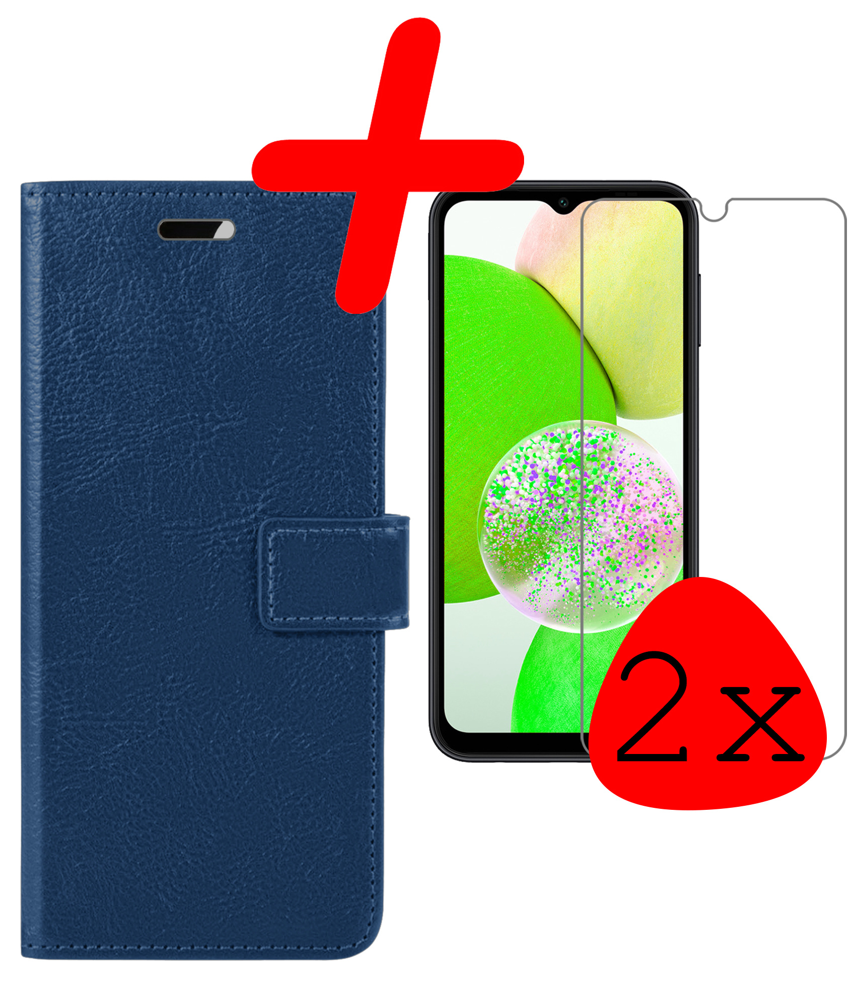 BASEY. Hoes Geschikt voor Samsung A14 Hoesje Bookcase Hoes Flip Case Book Cover Met 2x Screenprotector - Hoesje Geschikt voor Samsung Galaxy A14 Hoes Book Case Hoesje - Donkerblauw