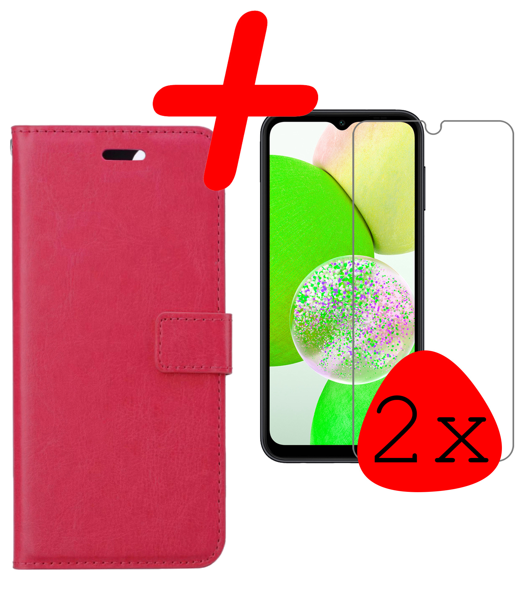 BASEY. Hoes Geschikt voor Samsung A14 Hoesje Bookcase Hoes Flip Case Book Cover Met 2x Screenprotector - Hoesje Geschikt voor Samsung Galaxy A14 Hoes Book Case Hoesje - Donkerroze