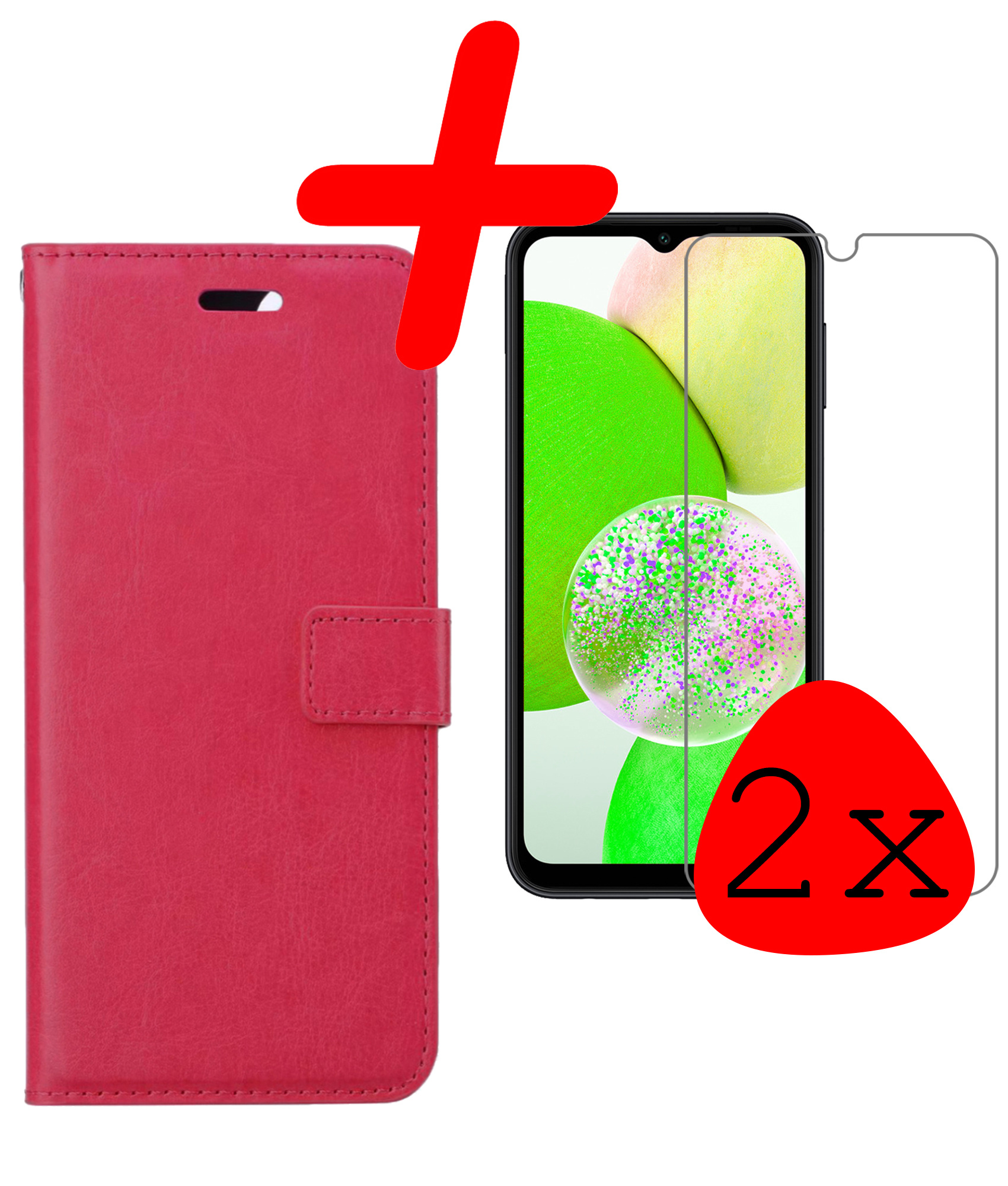 Samsung Galaxy A14 Hoesje Bookcase Hoes Flip Case Book Cover 2x Met Screenprotector - Samsung A14 Hoes Book Case Hoesje - Donkerroze