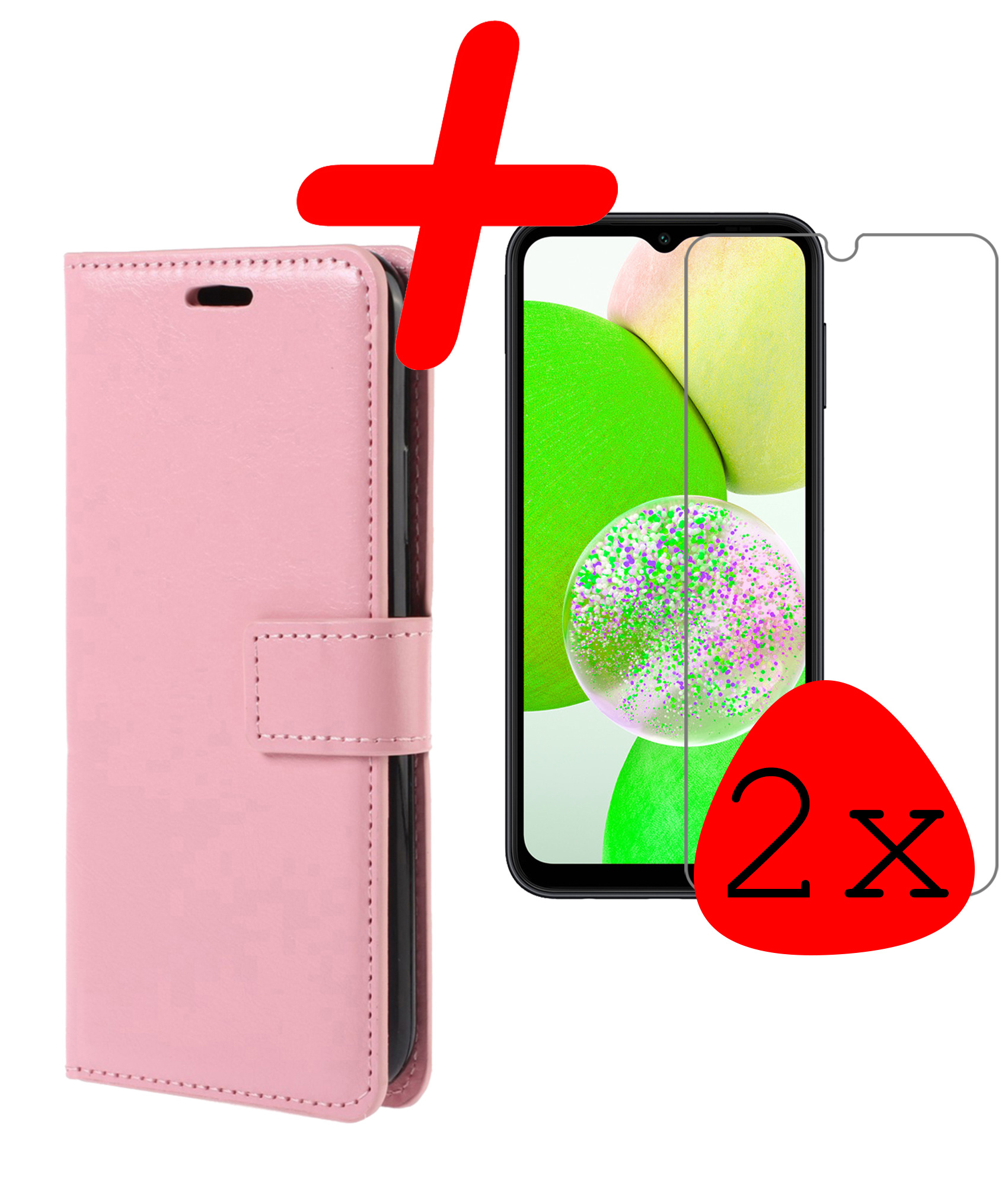 BASEY. Hoes Geschikt voor Samsung A14 Hoesje Bookcase Hoes Flip Case Book Cover Met 2x Screenprotector - Hoesje Geschikt voor Samsung Galaxy A14 Hoes Book Case Hoesje - Lichtroze