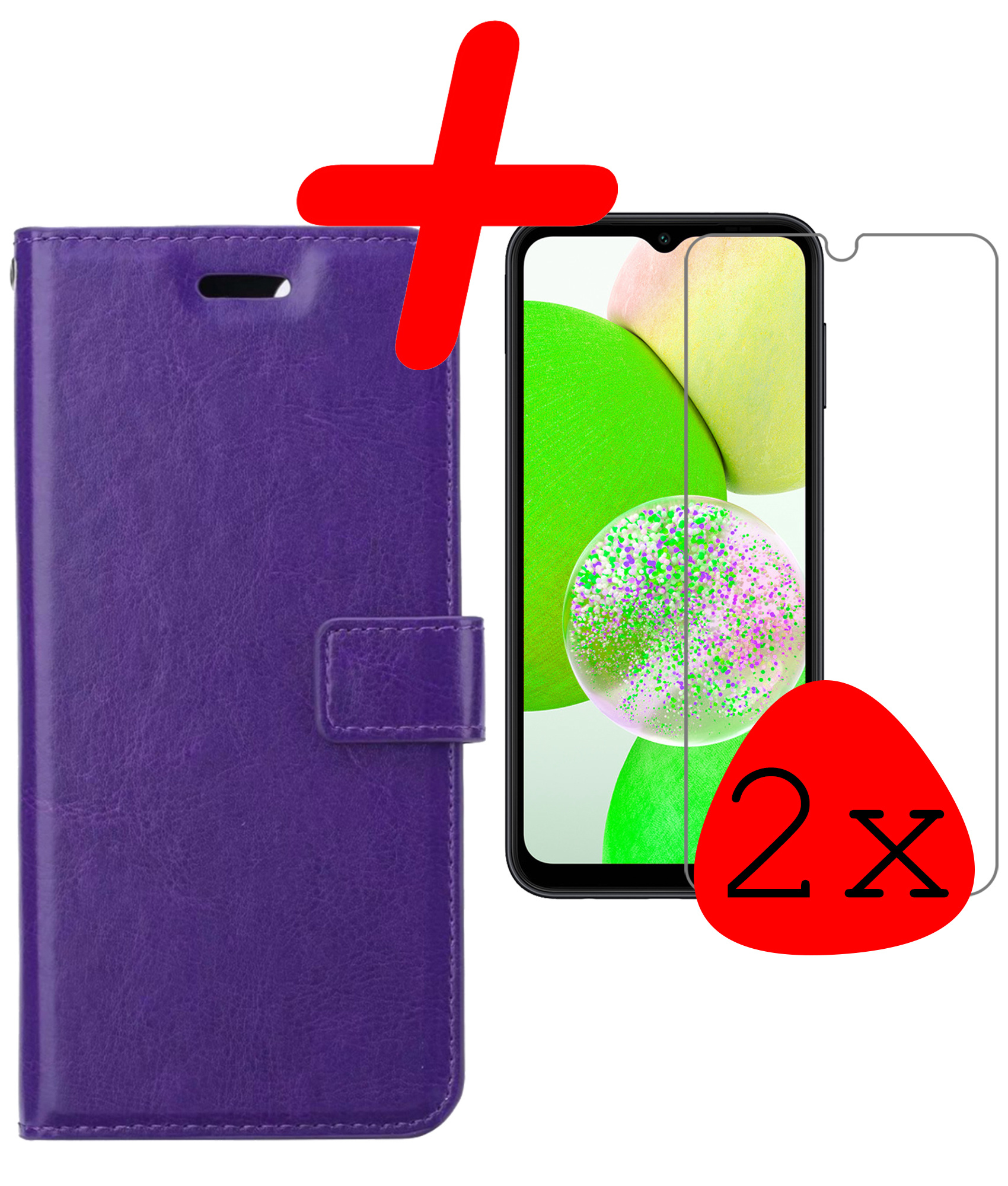 BASEY. Hoes Geschikt voor Samsung A14 Hoesje Bookcase Hoes Flip Case Book Cover Met 2x Screenprotector - Hoesje Geschikt voor Samsung Galaxy A14 Hoes Book Case Hoesje - Paars