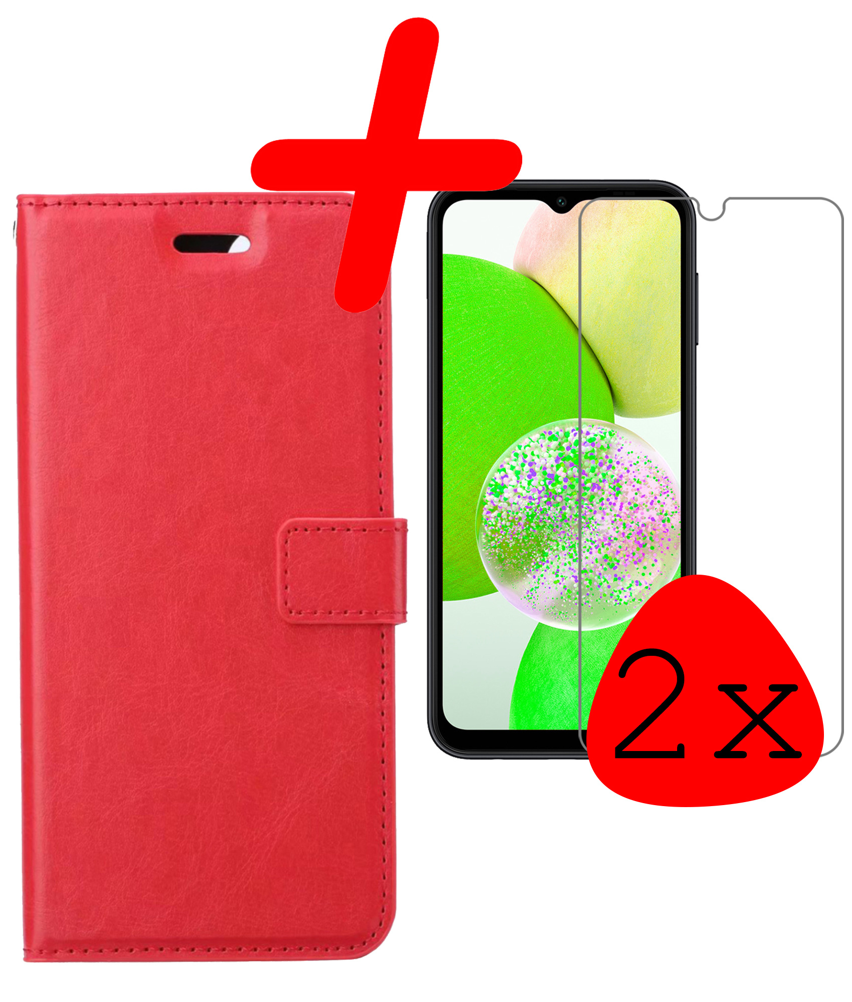 BASEY. Hoes Geschikt voor Samsung A14 Hoesje Bookcase Hoes Flip Case Book Cover Met 2x Screenprotector - Hoesje Geschikt voor Samsung Galaxy A14 Hoes Book Case Hoesje - Rood