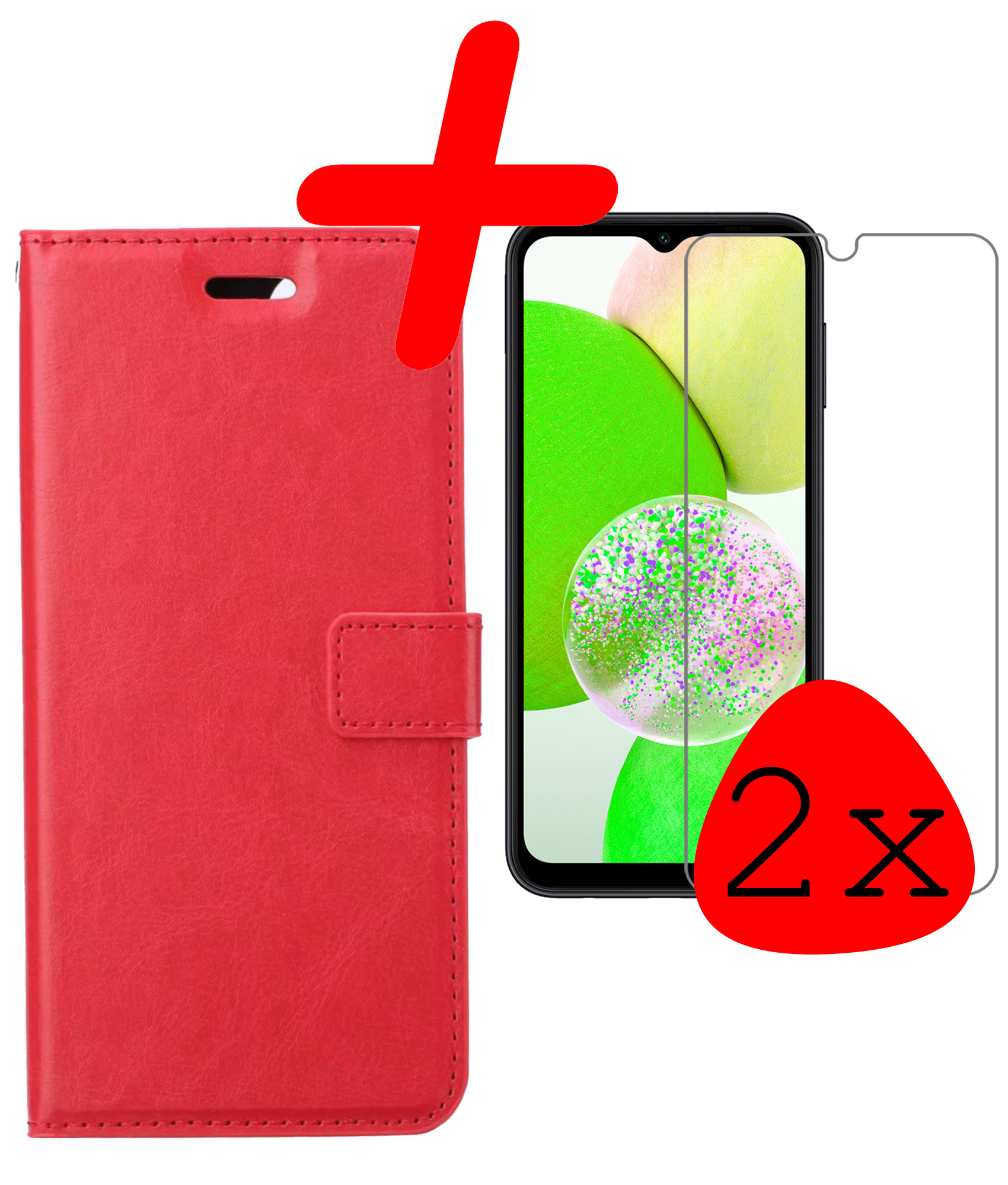 Samsung Galaxy A14 Hoesje Bookcase Hoes Flip Case Book Cover 2x Met Screenprotector - Samsung A14 Hoes Book Case Hoesje - Rood