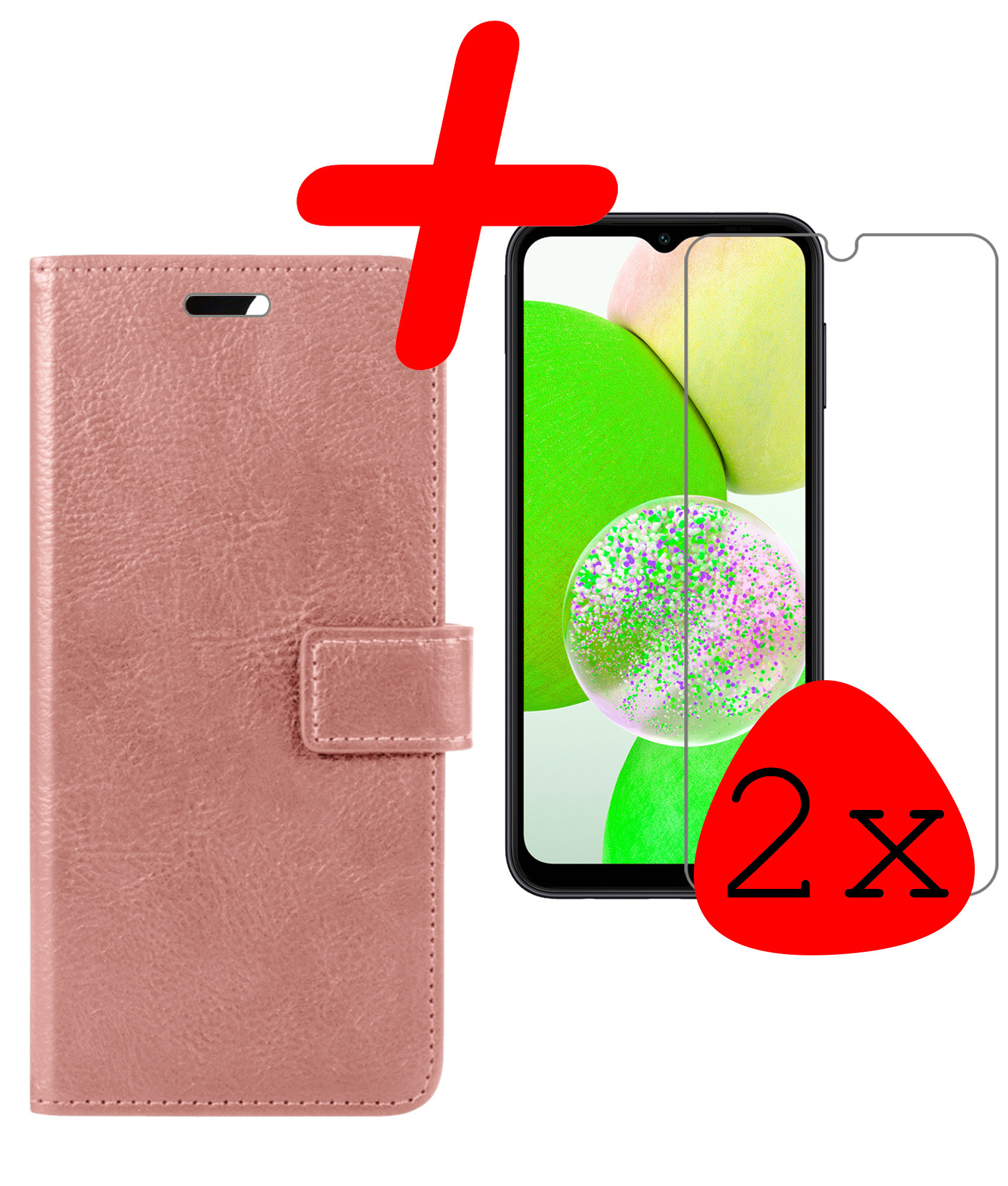 BASEY. Hoes Geschikt voor Samsung A14 Hoesje Bookcase Hoes Flip Case Book Cover Met 2x Screenprotector - Hoesje Geschikt voor Samsung Galaxy A14 Hoes Book Case Hoesje - Rosé goud