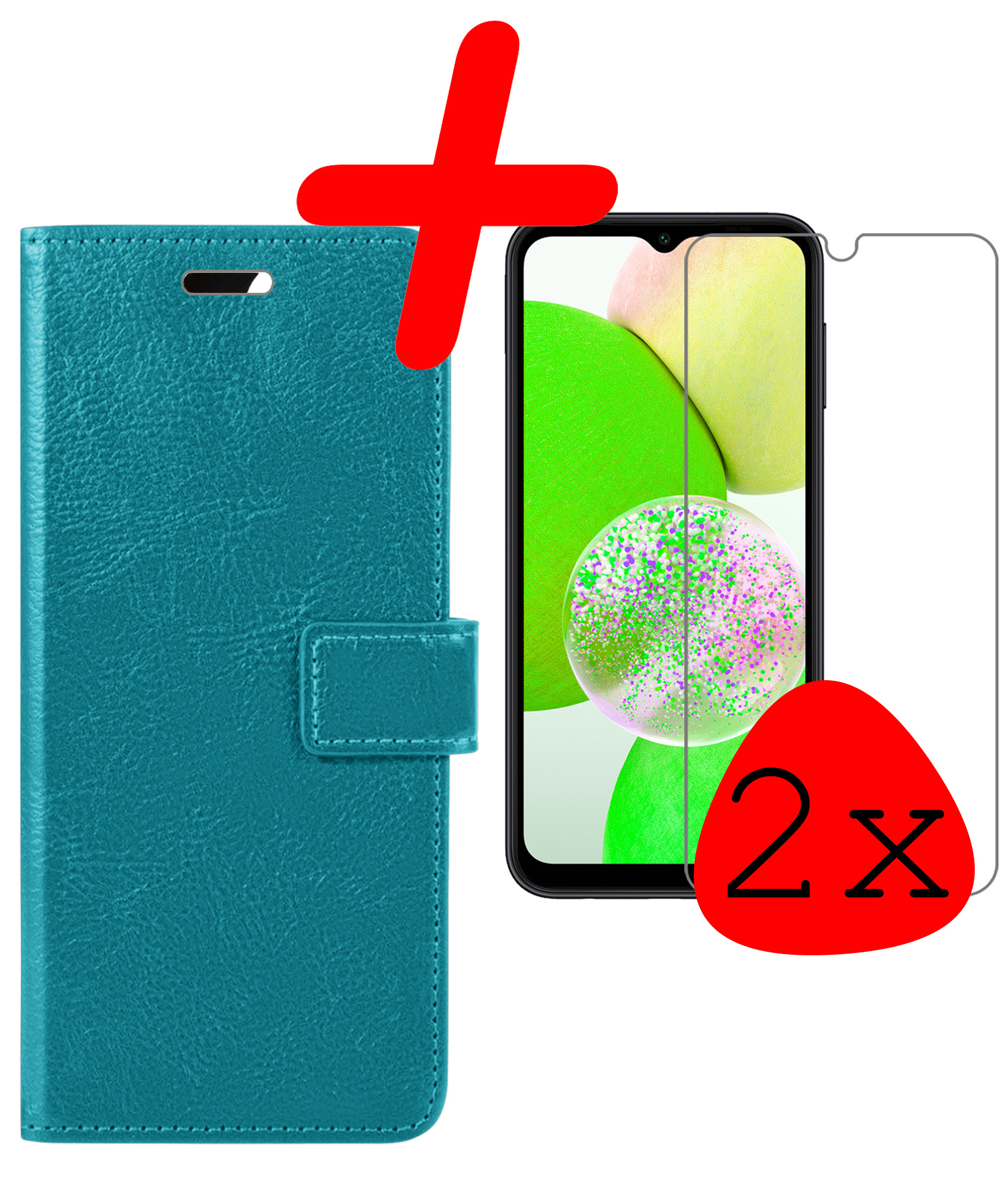 BASEY. Hoes Geschikt voor Samsung A14 Hoesje Bookcase Hoes Flip Case Book Cover Met 2x Screenprotector - Hoesje Geschikt voor Samsung Galaxy A14 Hoes Book Case Hoesje - Turquoise