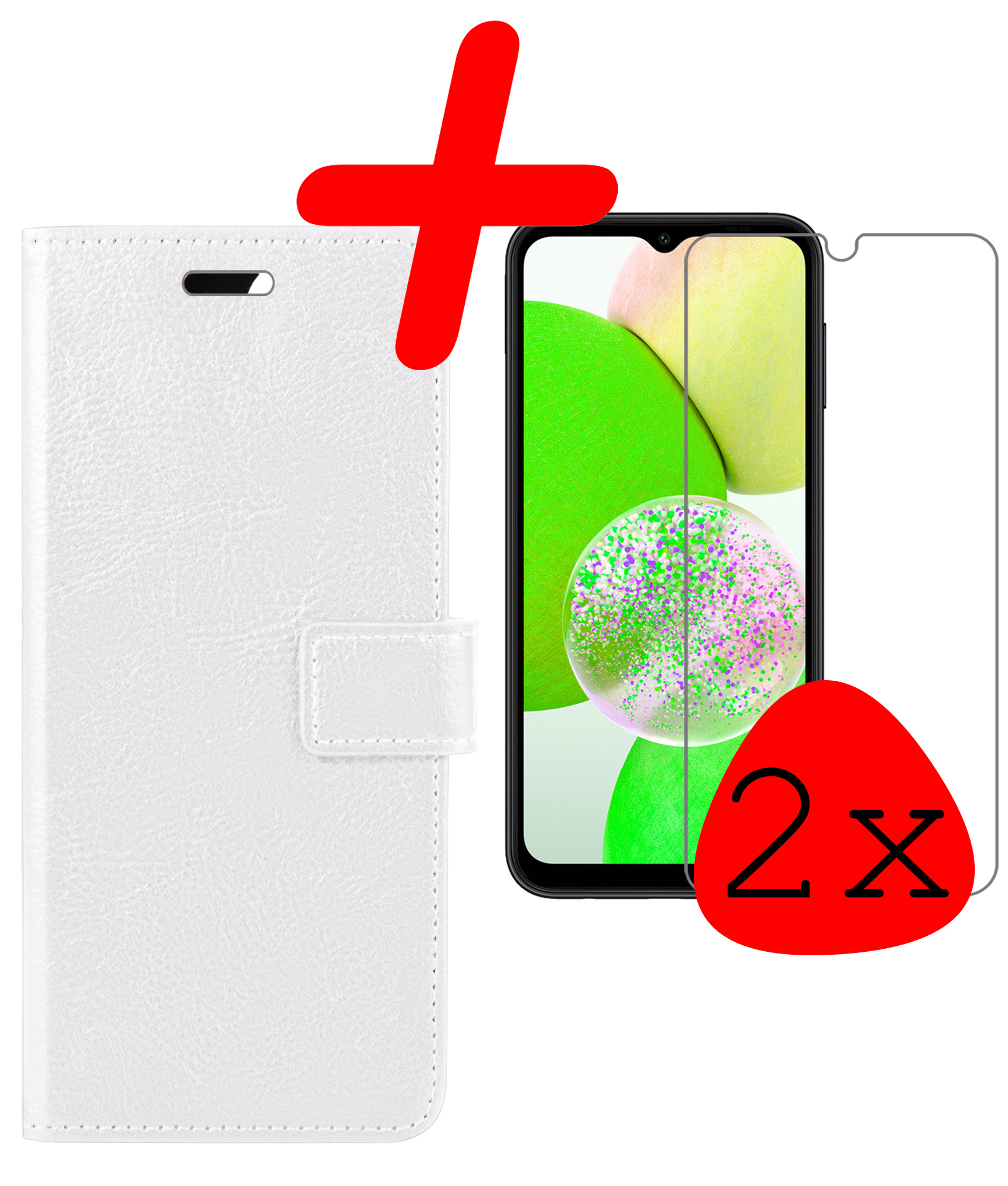 BASEY. Hoes Geschikt voor Samsung A14 Hoesje Bookcase Hoes Flip Case Book Cover Met 2x Screenprotector - Hoesje Geschikt voor Samsung Galaxy A14 Hoes Book Case Hoesje - Wit