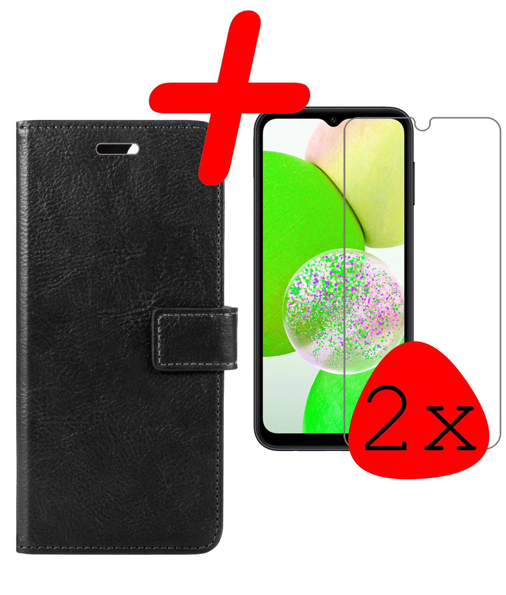 BASEY. Hoes Geschikt voor Samsung A14 Hoesje Bookcase Hoes Flip Case Book Cover Met 2x Screenprotector - Hoesje Geschikt voor Samsung Galaxy A14 Hoes Book Case Hoesje - Zwart