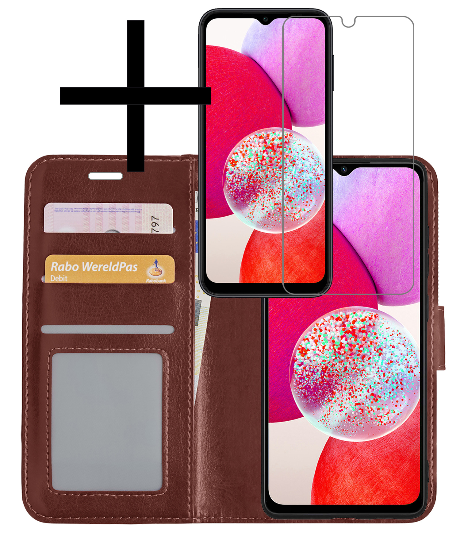 NoXx Hoes Geschikt voor Samsung A14 Hoesje Book Case Hoes Flip Cover Wallet Bookcase Met Screenprotector - Bruin
