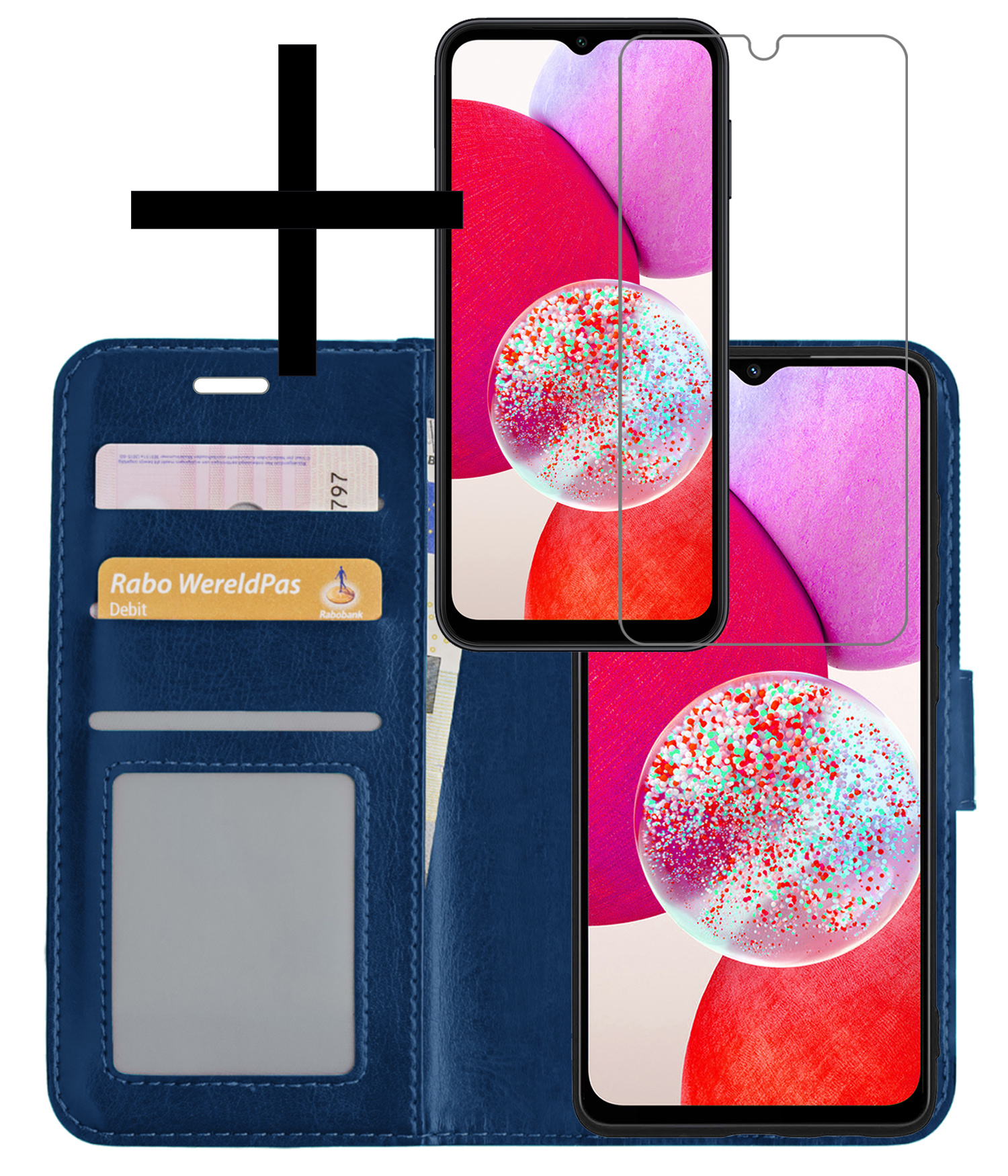 NoXx Hoes Geschikt voor Samsung A14 Hoesje Book Case Hoes Flip Cover Wallet Bookcase Met Screenprotector - Donkerblauw