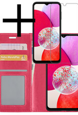 Hoes Geschikt voor Samsung A14 Hoesje Book Case Hoes Flip Cover Wallet Bookcase Met Screenprotector - Donkerroze