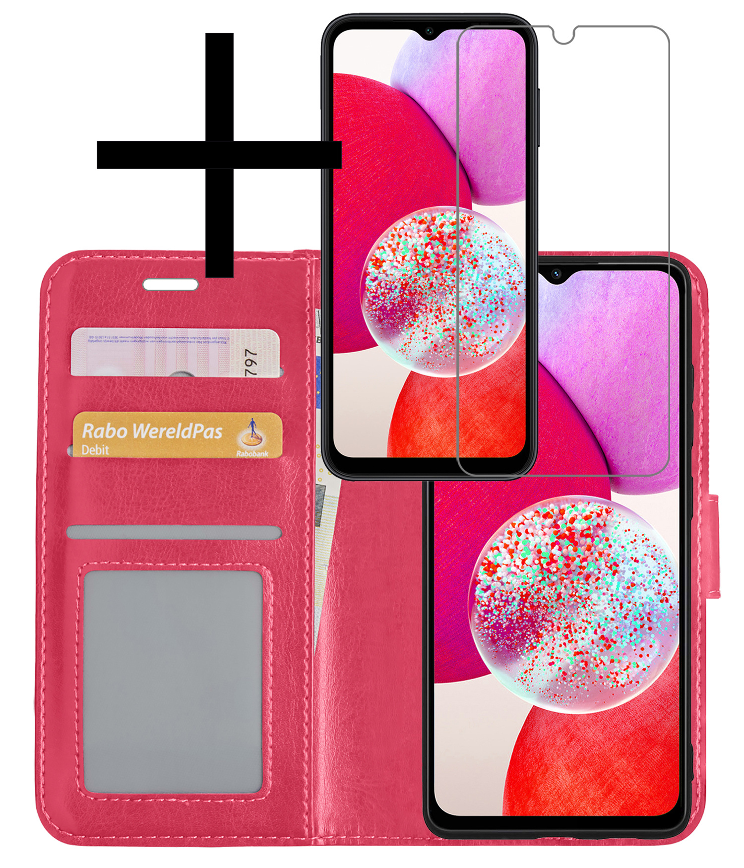 NoXx Hoes Geschikt voor Samsung A14 Hoesje Book Case Hoes Flip Cover Wallet Bookcase Met Screenprotector - Donkerroze