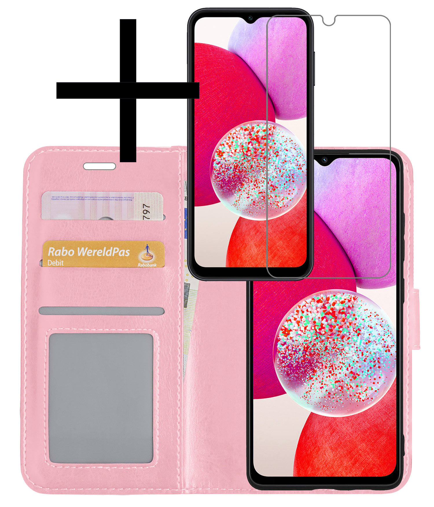 NoXx Hoes Geschikt voor Samsung A14 Hoesje Book Case Hoes Flip Cover Wallet Bookcase Met Screenprotector - Lichtroze