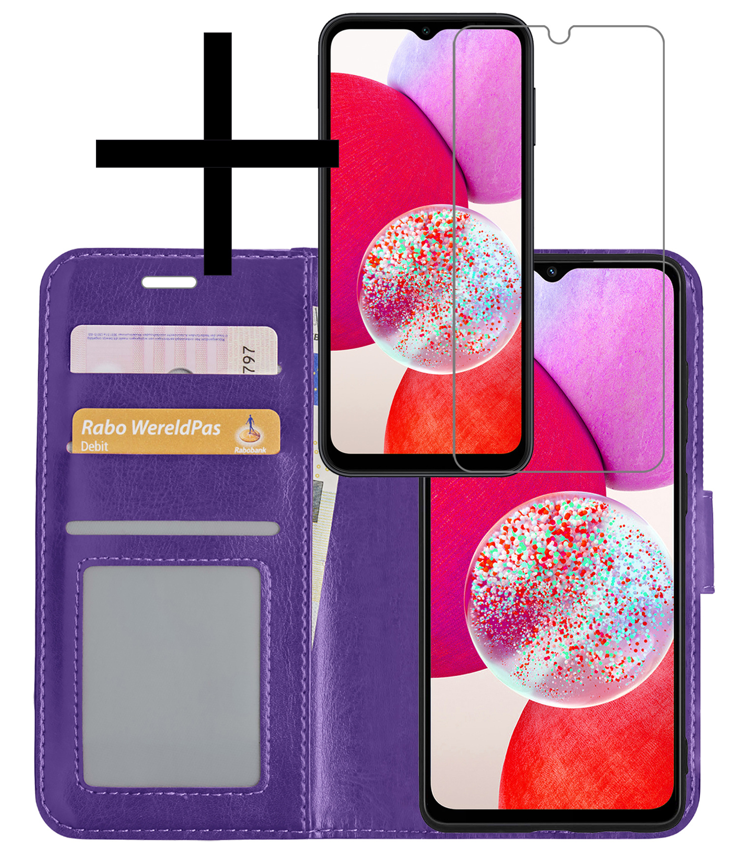NoXx Hoes Geschikt voor Samsung A14 Hoesje Book Case Hoes Flip Cover Wallet Bookcase Met Screenprotector - Paars