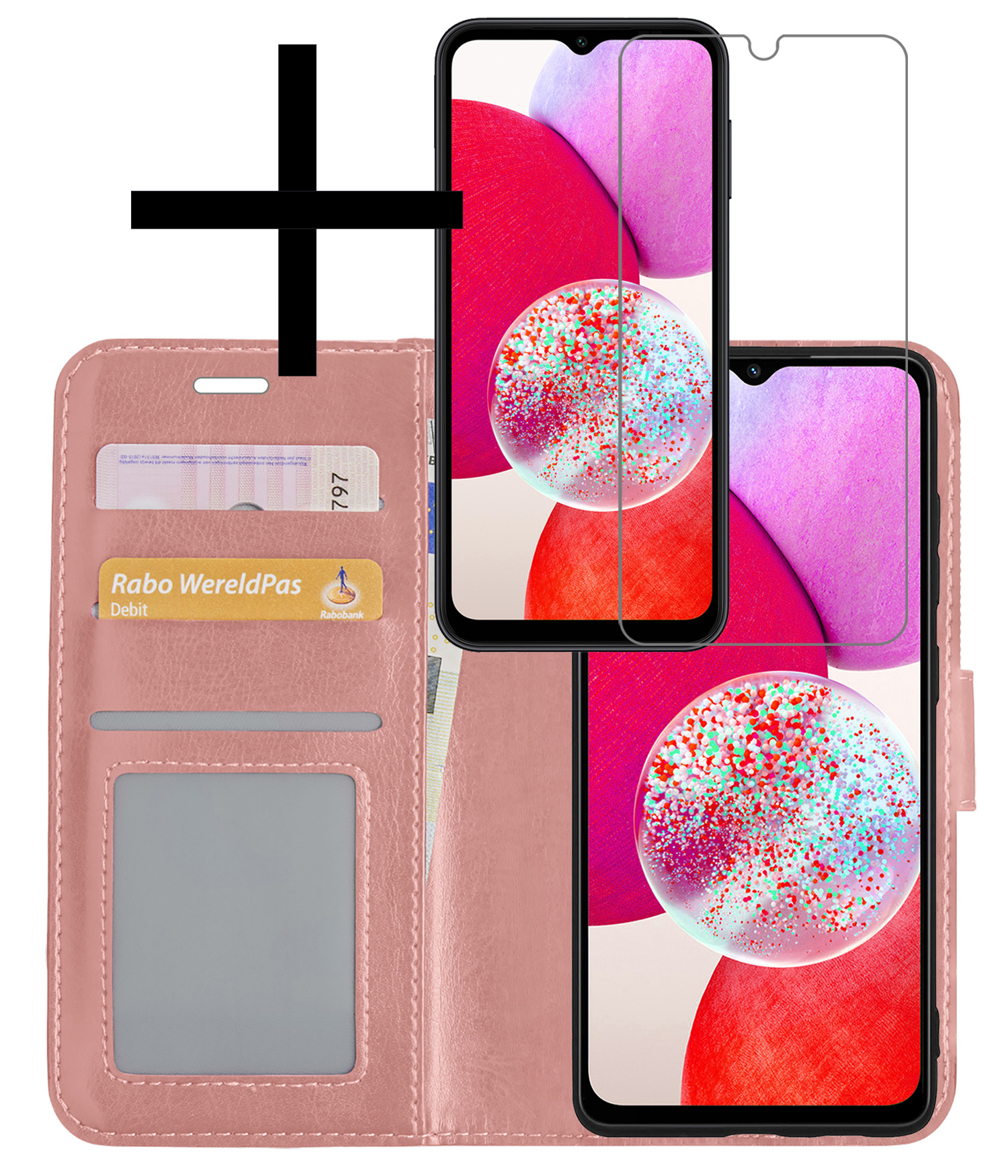 NoXx Hoes Geschikt voor Samsung A14 Hoesje Book Case Hoes Flip Cover Wallet Bookcase Met Screenprotector - Rosé goud