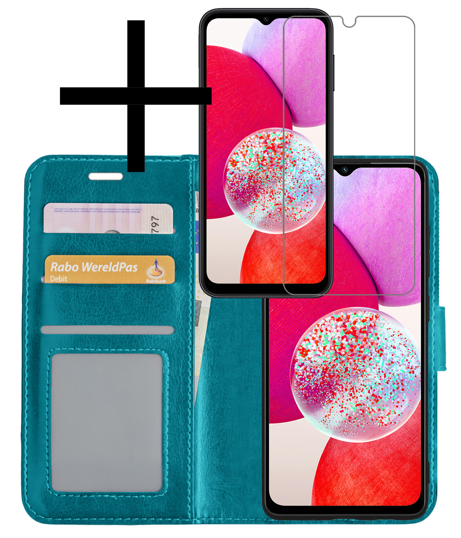 NoXx Hoes Geschikt voor Samsung A14 Hoesje Book Case Hoes Flip Cover Wallet Bookcase Met Screenprotector - Turquoise