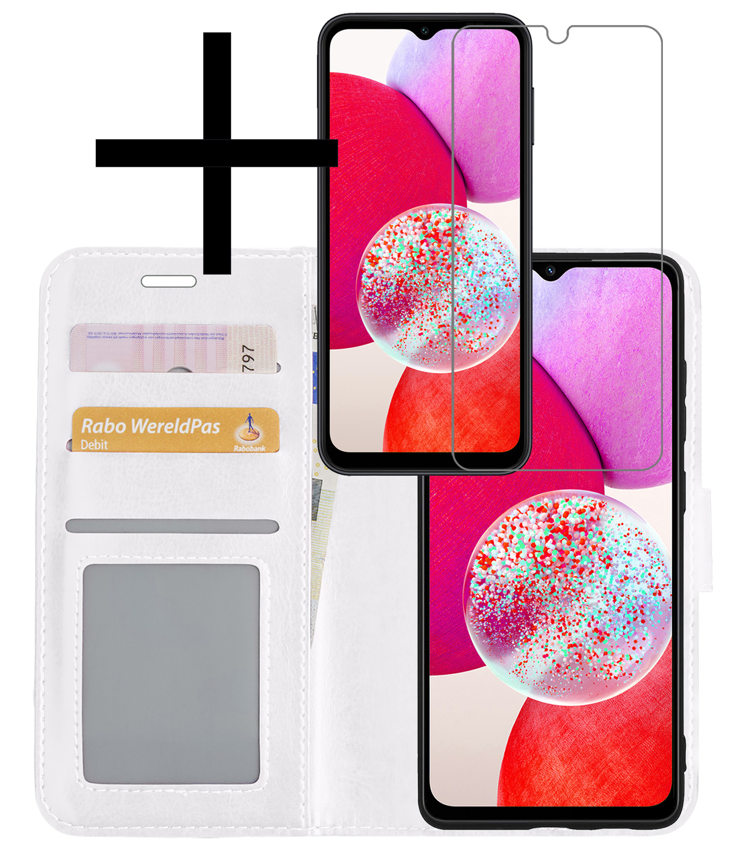 NoXx Hoes Geschikt voor Samsung A14 Hoesje Book Case Hoes Flip Cover Wallet Bookcase Met Screenprotector - Wit