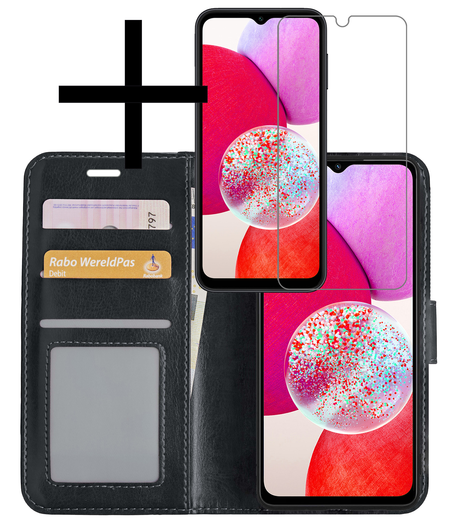 NoXx Hoes Geschikt voor Samsung A14 Hoesje Book Case Hoes Flip Cover Wallet Bookcase Met Screenprotector - Zwart