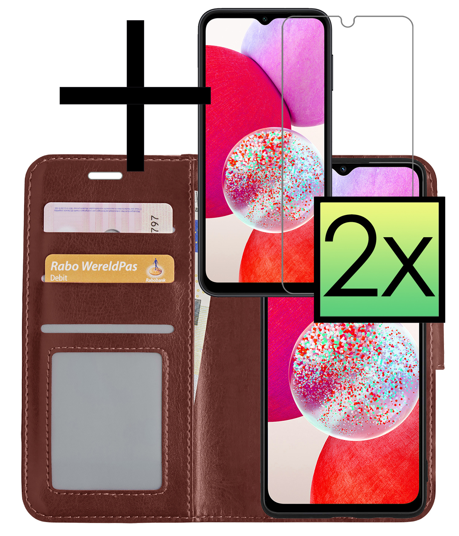 NoXx Hoes Geschikt voor Samsung A14 Hoesje Book Case Hoes Flip Cover Wallet Bookcase Met 2x Screenprotector - Bruin