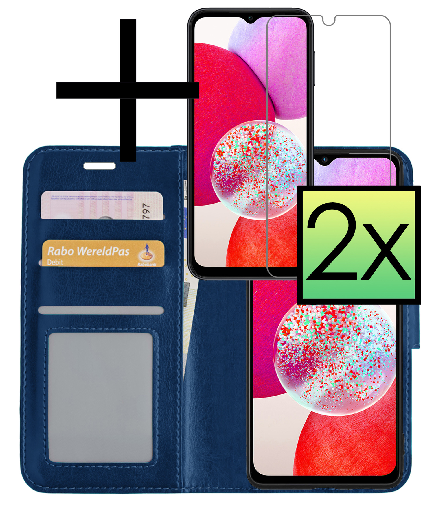 NoXx Hoes Geschikt voor Samsung A14 Hoesje Book Case Hoes Flip Cover Wallet Bookcase Met 2x Screenprotector - Donkerblauw