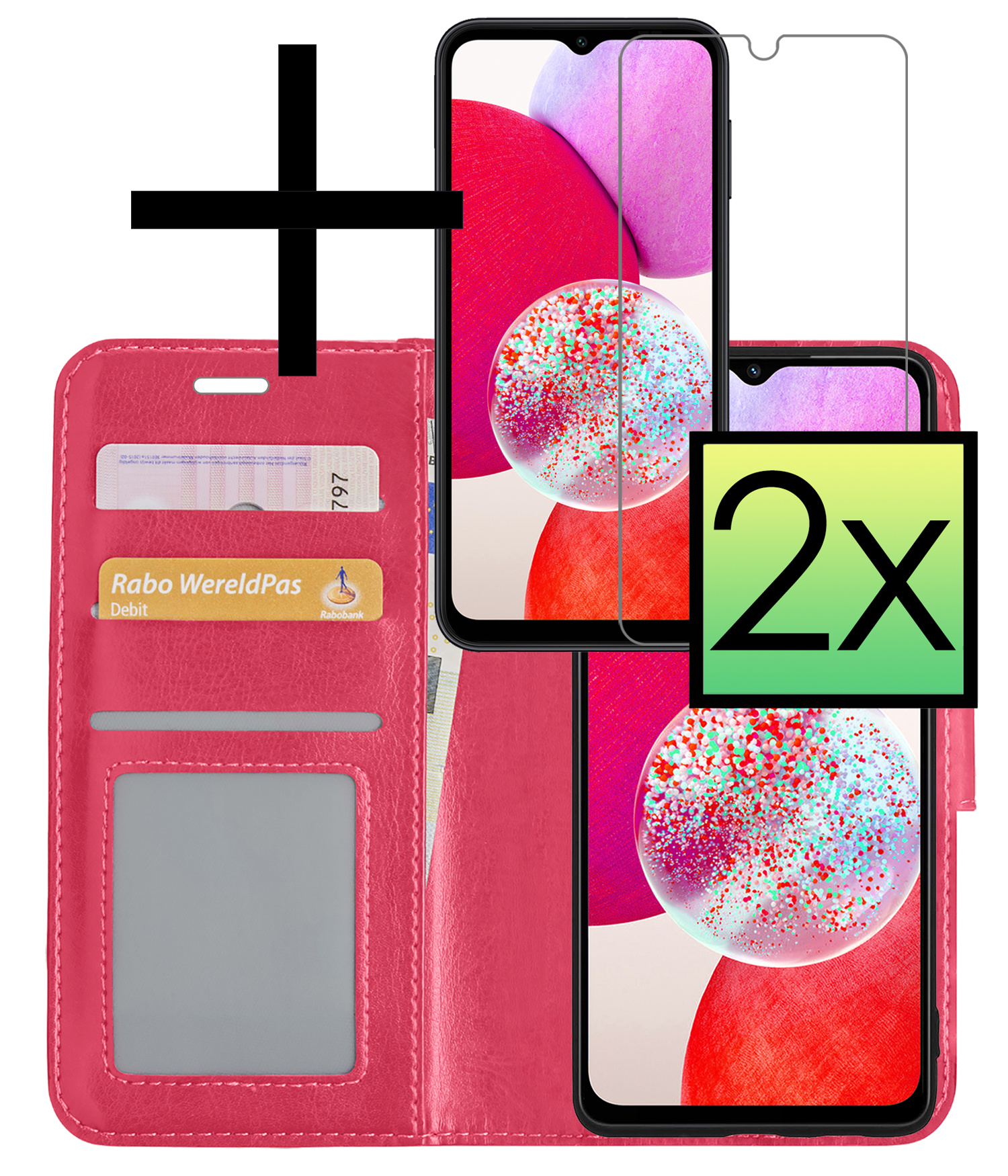 NoXx Hoes Geschikt voor Samsung A14 Hoesje Book Case Hoes Flip Cover Wallet Bookcase Met 2x Screenprotector - Donkerroze