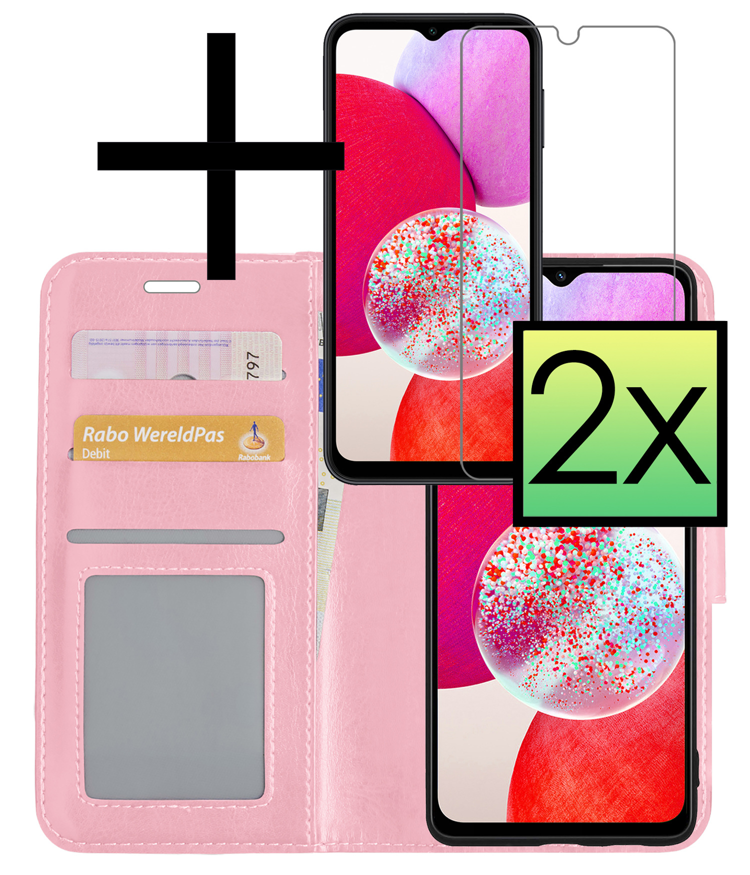 NoXx Hoes Geschikt voor Samsung A14 Hoesje Book Case Hoes Flip Cover Wallet Bookcase Met 2x Screenprotector - Lichtroze