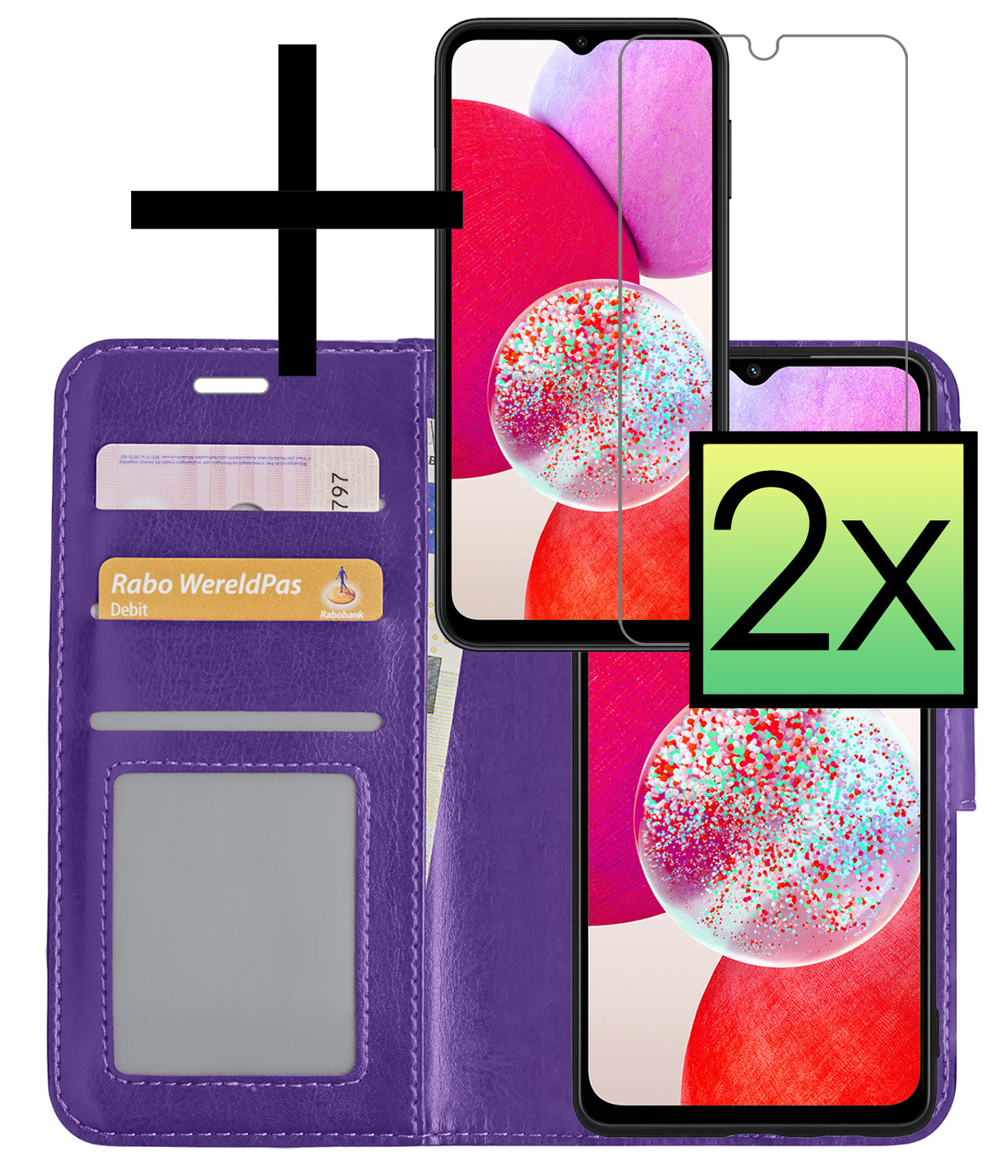 NoXx Hoes Geschikt voor Samsung A14 Hoesje Book Case Hoes Flip Cover Wallet Bookcase Met 2x Screenprotector - Paars
