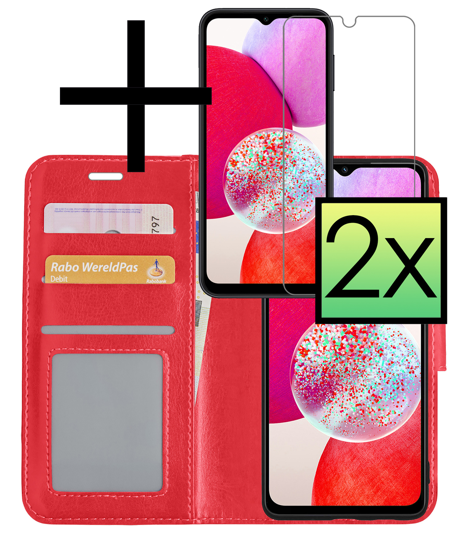 NoXx Hoes Geschikt voor Samsung A14 Hoesje Book Case Hoes Flip Cover Wallet Bookcase Met 2x Screenprotector - Rood