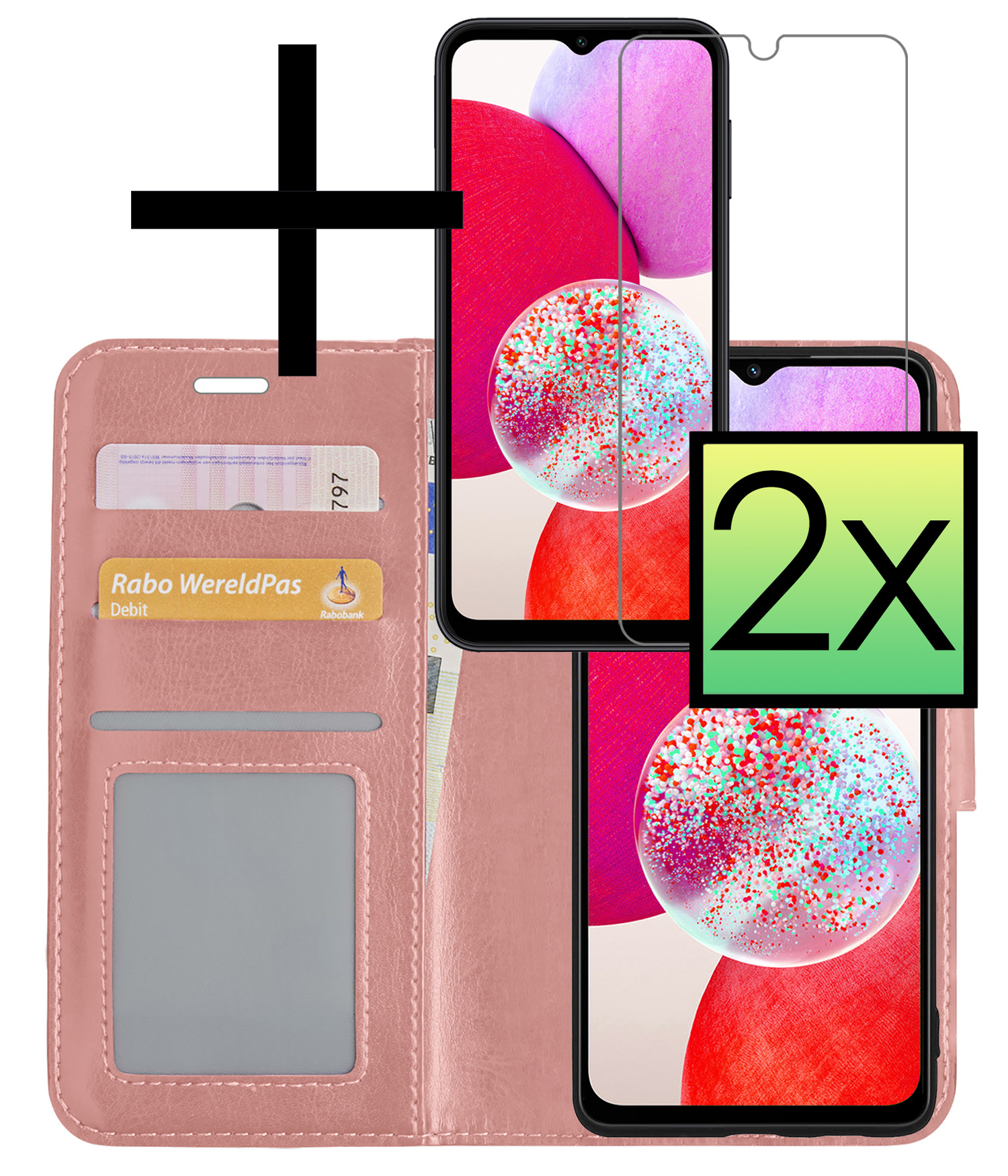 NoXx Hoes Geschikt voor Samsung A14 Hoesje Book Case Hoes Flip Cover Wallet Bookcase Met 2x Screenprotector - Rosé goud