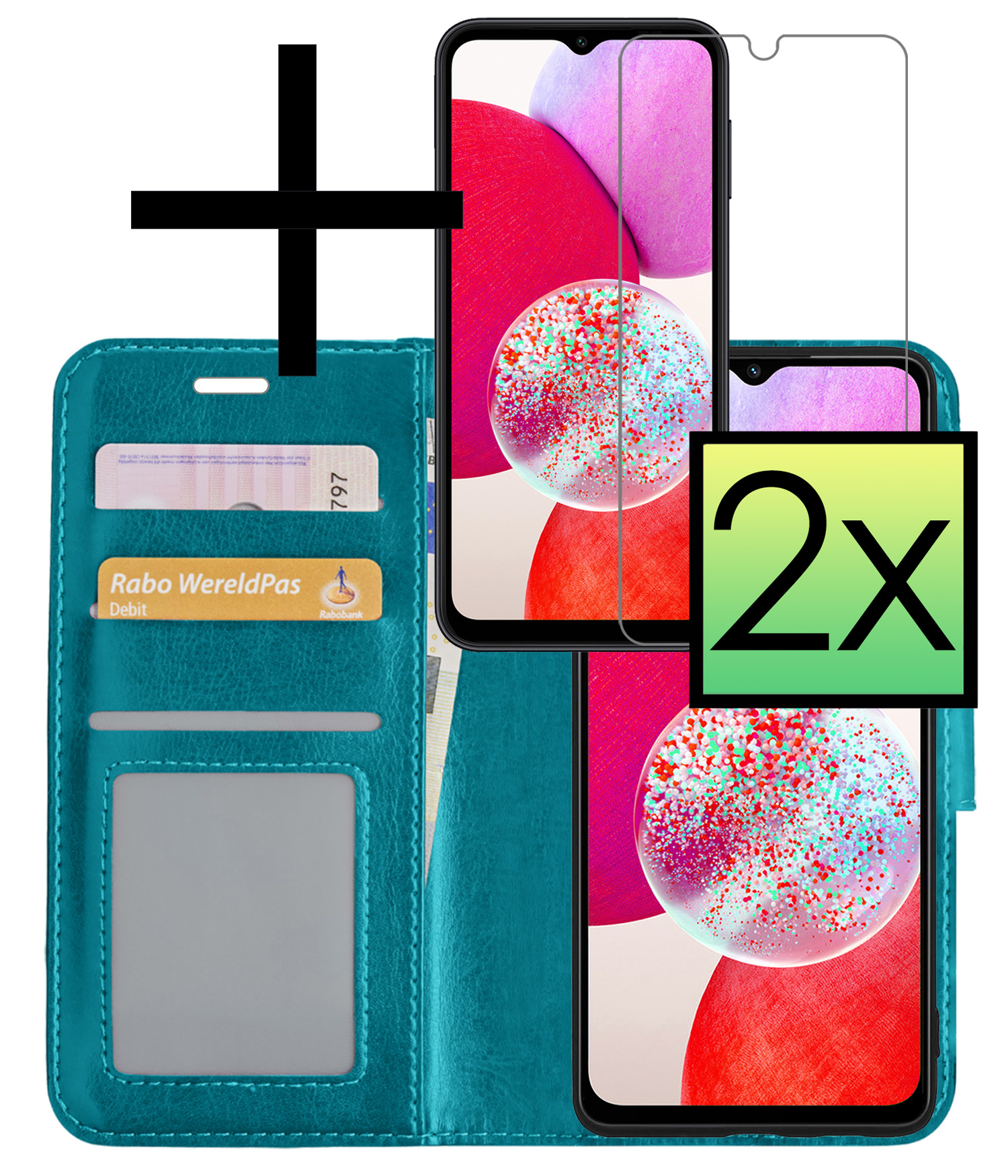 NoXx Hoes Geschikt voor Samsung A14 Hoesje Book Case Hoes Flip Cover Wallet Bookcase Met 2x Screenprotector - Turquoise