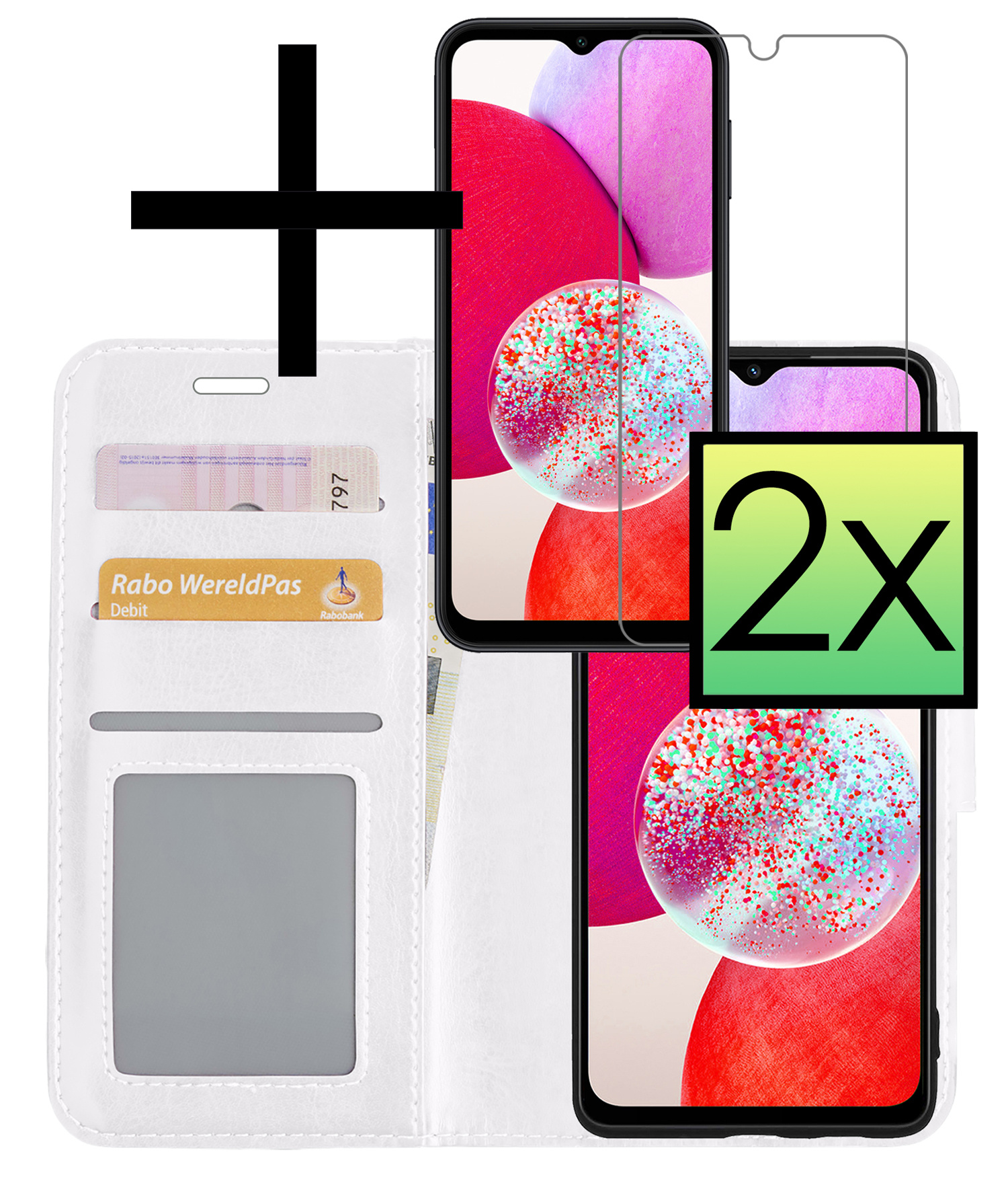 NoXx Hoes Geschikt voor Samsung A14 Hoesje Book Case Hoes Flip Cover Wallet Bookcase Met 2x Screenprotector - Wit