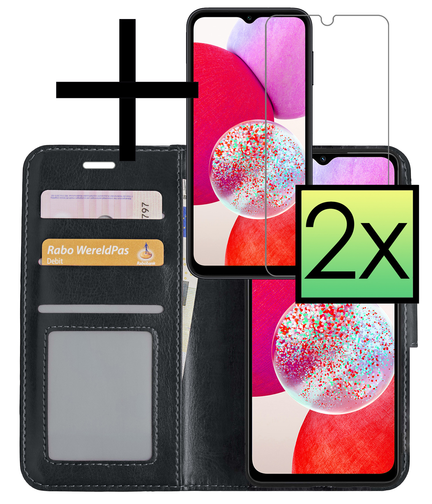 NoXx Hoes Geschikt voor Samsung A14 Hoesje Book Case Hoes Flip Cover Wallet Bookcase Met 2x Screenprotector - Zwart
