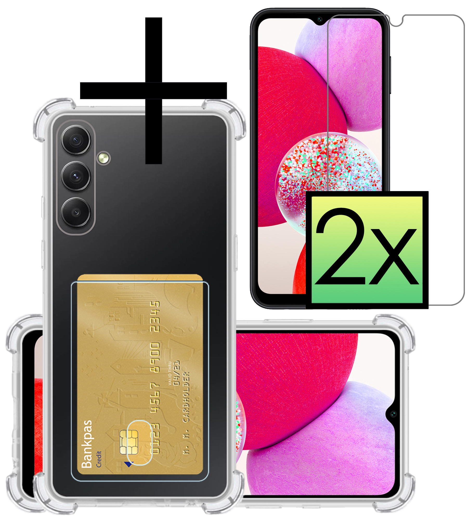 NoXx Hoes Geschikt voor Samsung A14 Hoesje Pasjeshouder Cover Shock Proof Case Siliconen Hoes Met Kaarthouder Met 2x Screenprotector - Transparant