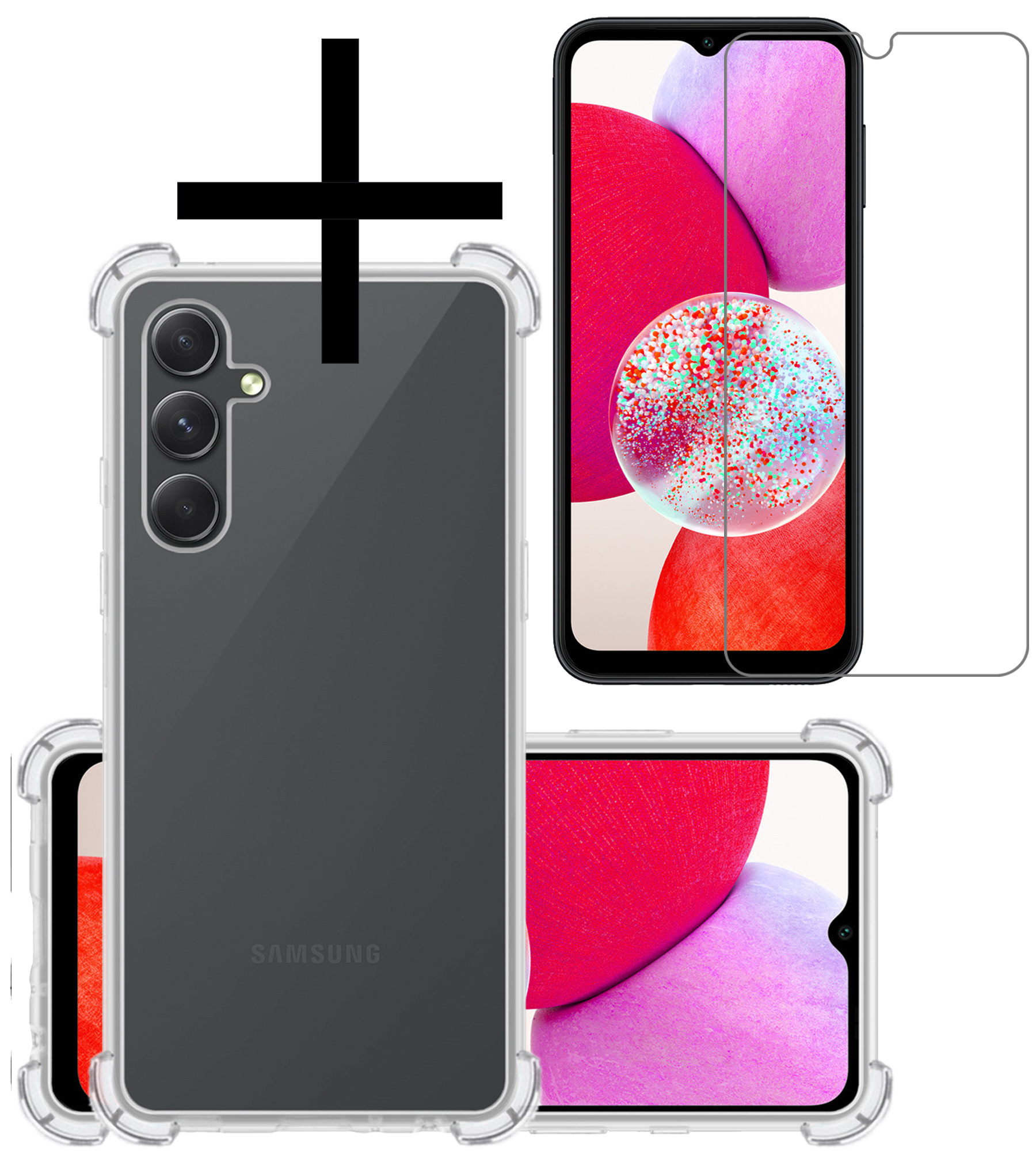 NoXx Hoes Geschikt voor Samsung A14 Hoesje Siliconen Cover Shock Proof Back Case Shockproof Hoes Met Screenprotector - Transparant