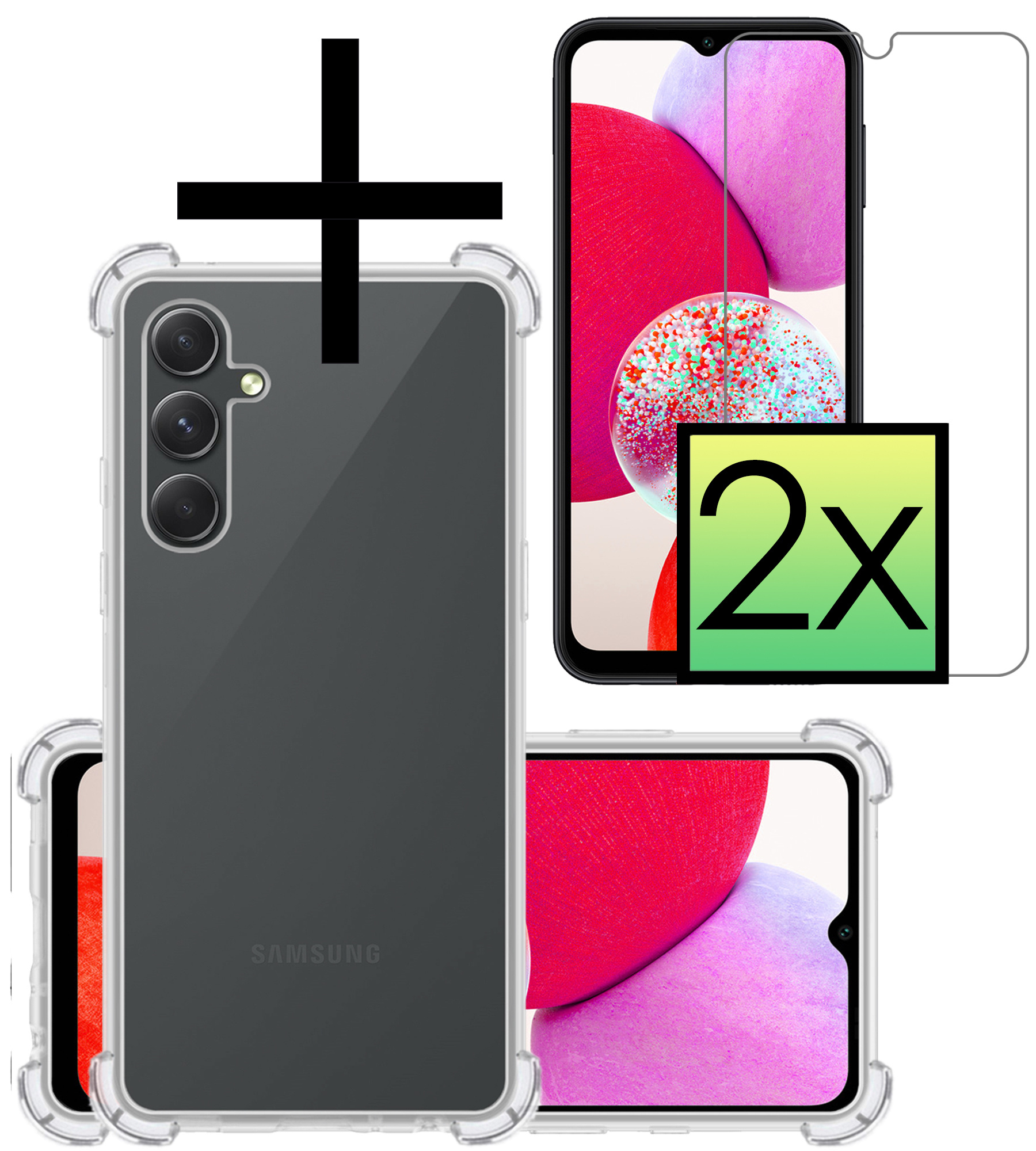 NoXx Hoes Geschikt voor Samsung A14 Hoesje Siliconen Cover Shock Proof Back Case Shockproof Hoes Met 2x Screenprotector - Transparant