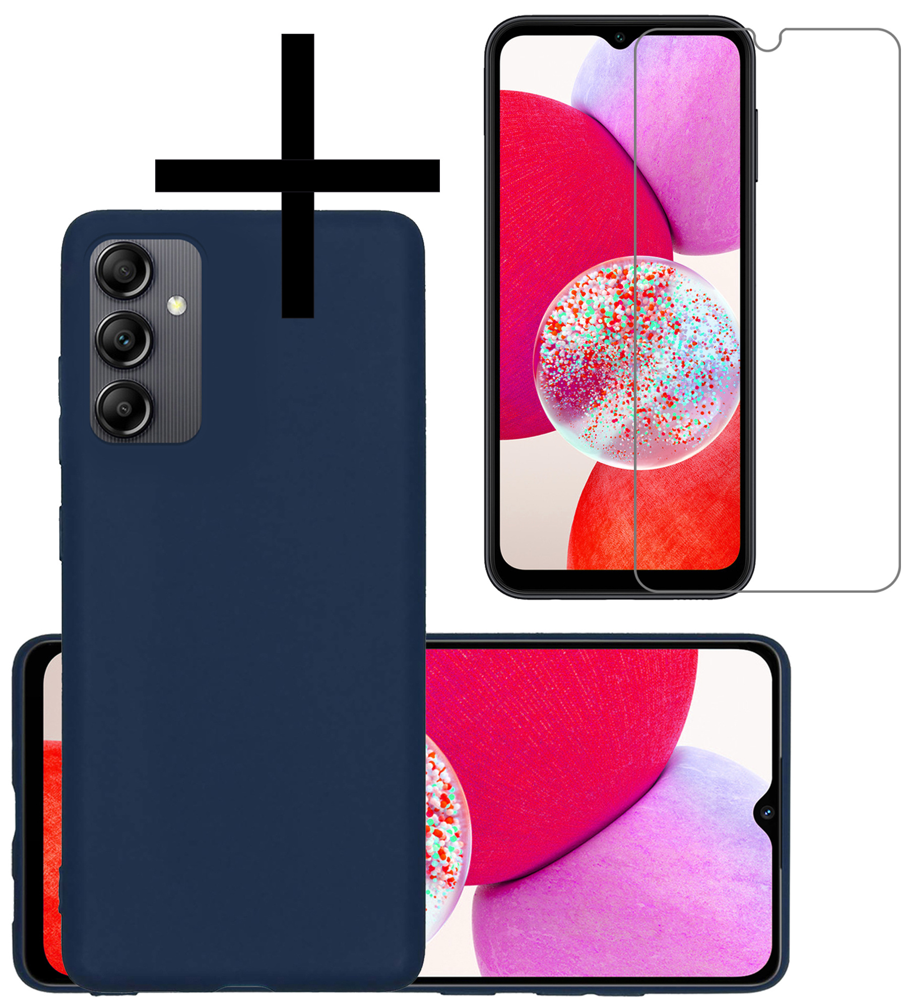 NoXx Hoes Geschikt voor Samsung A14 Hoesje Cover Siliconen Back Case Hoes Met Screenprotector - Donkerblauw